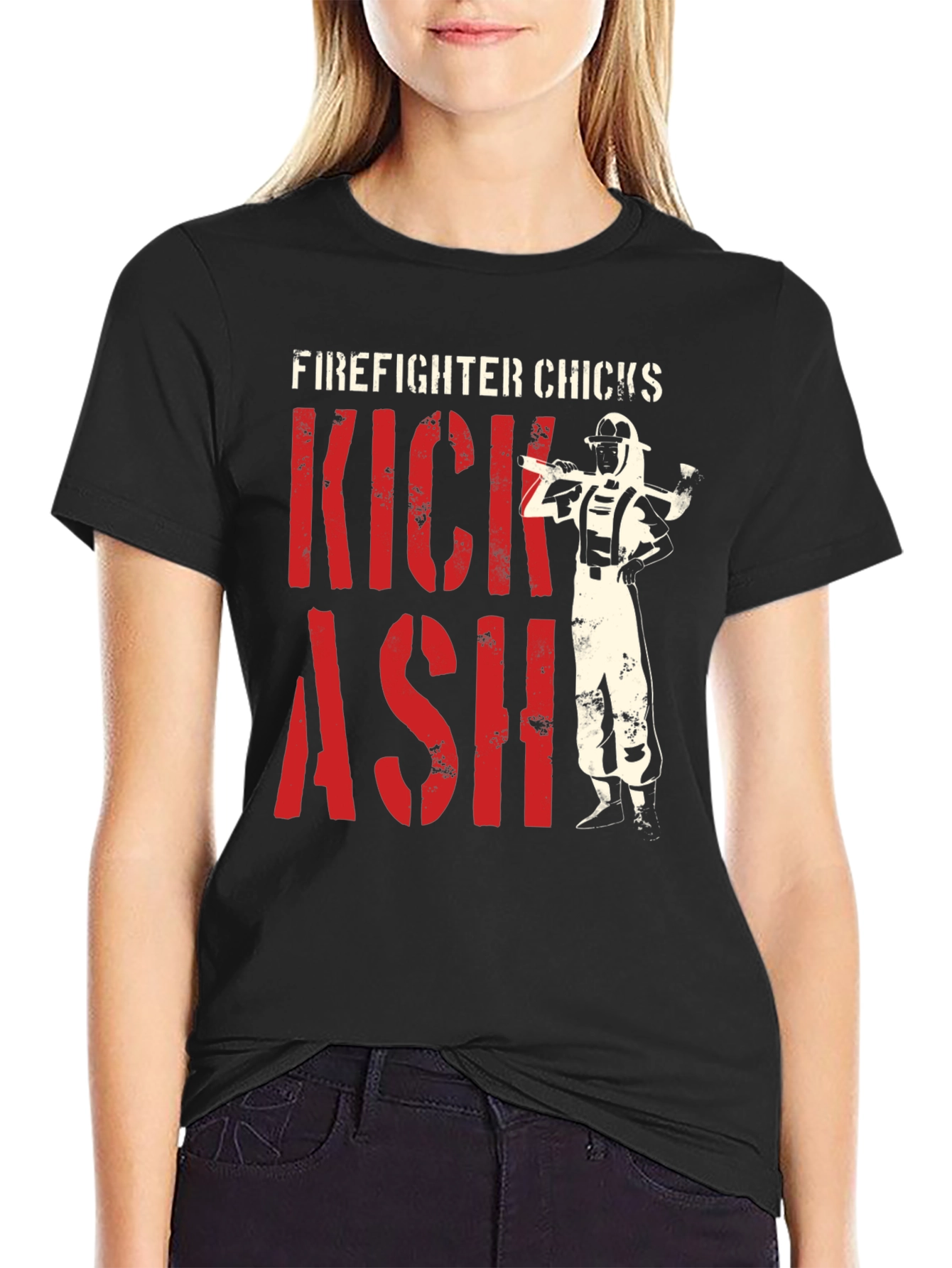 Black Firefighter Chicks Kick Ash T-Shirt view 2