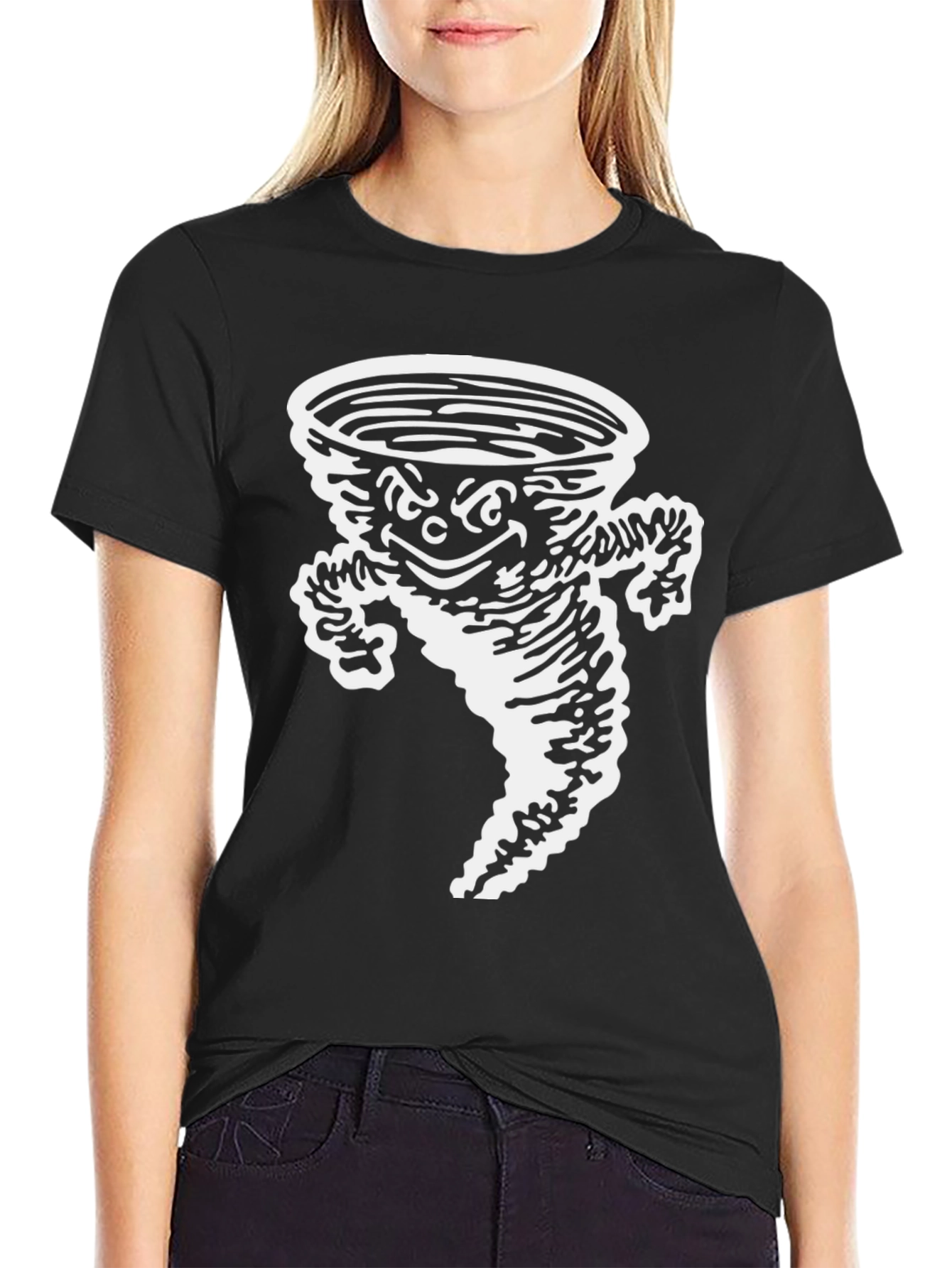 Black Cartoon Tornado Graphic Tee - Black Cotton T-Shirt view 2