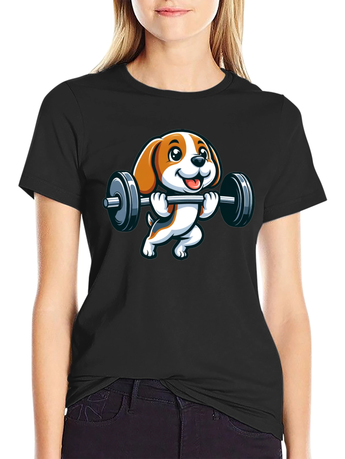 Black Cute Dog Lifting Weights Graphic T-Shirt view 2