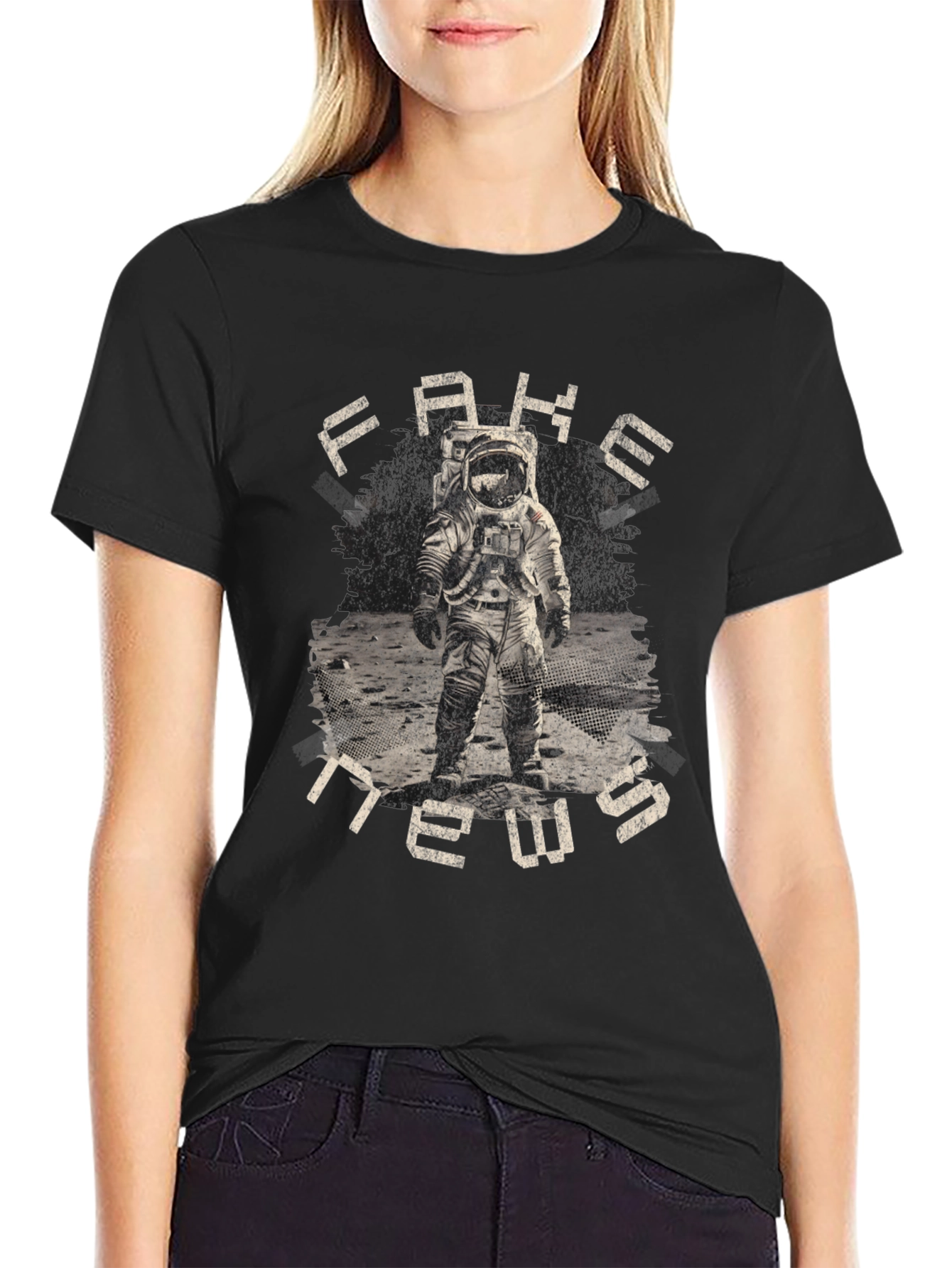 Black Fake News Astronaut Graphic T-Shirt view 2