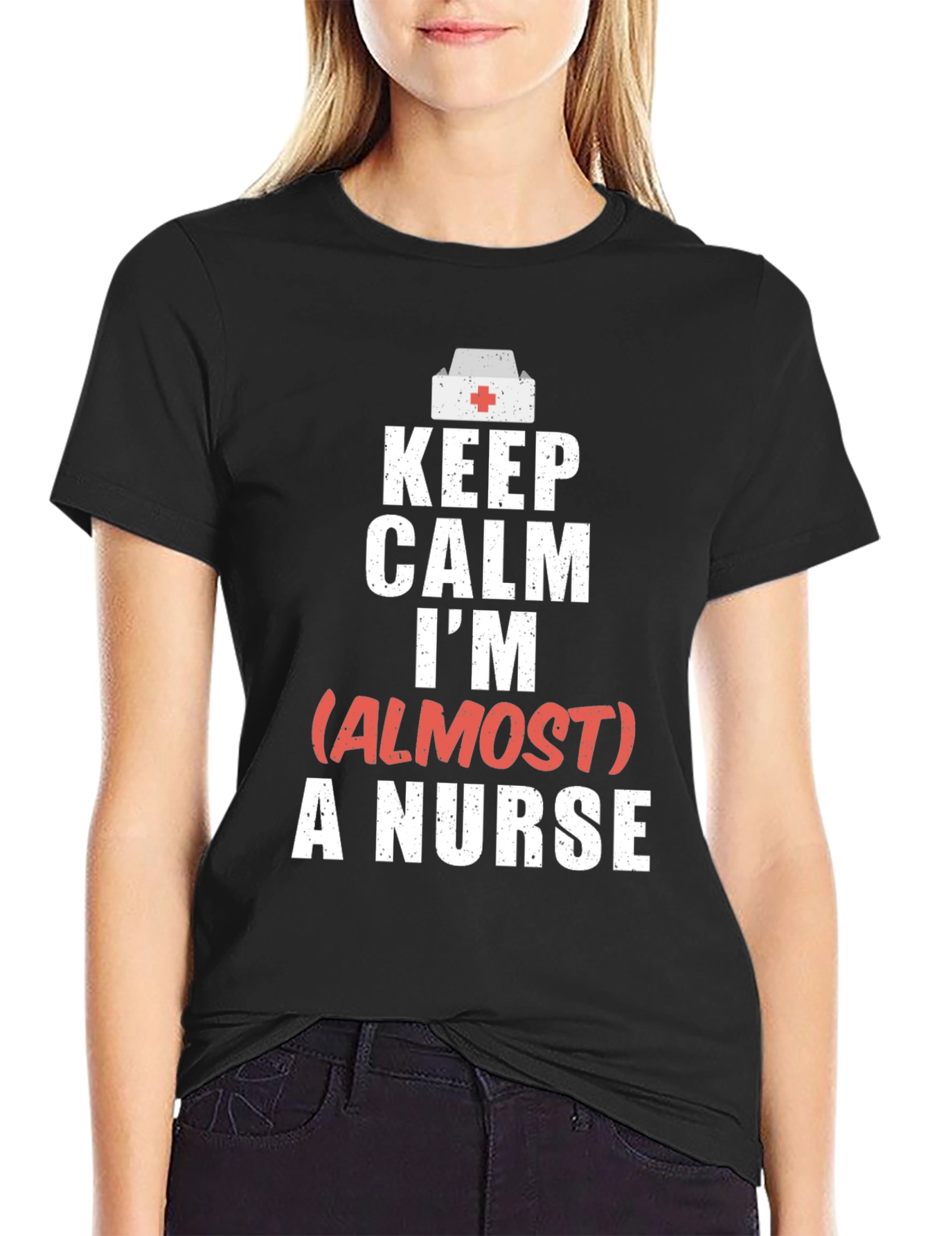 Black Keep Calm Almost A Nurse Graphic T-Shirt view 2