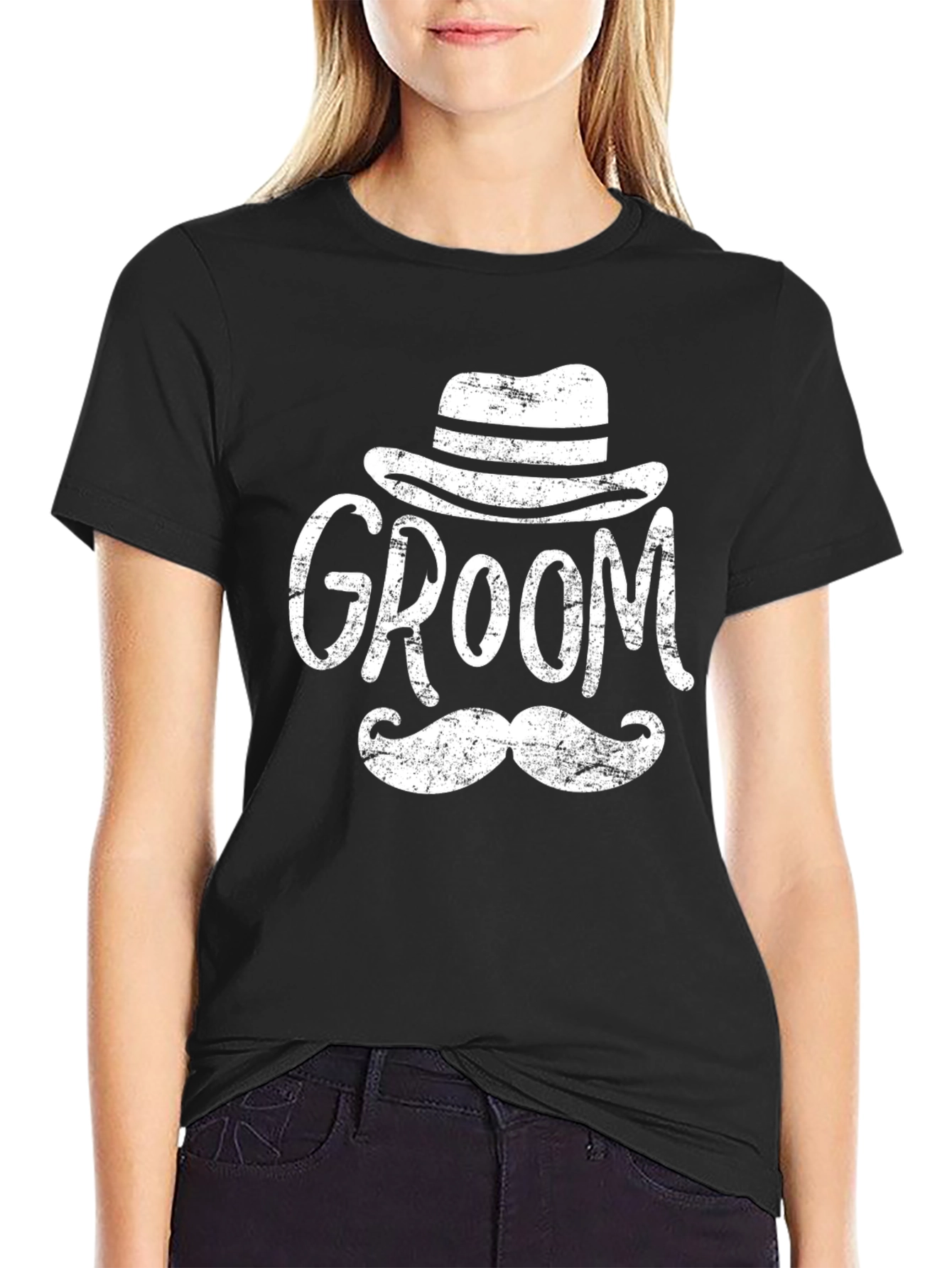 Black Groom T-Shirt Hat and Mustache Graphic Black view 2
