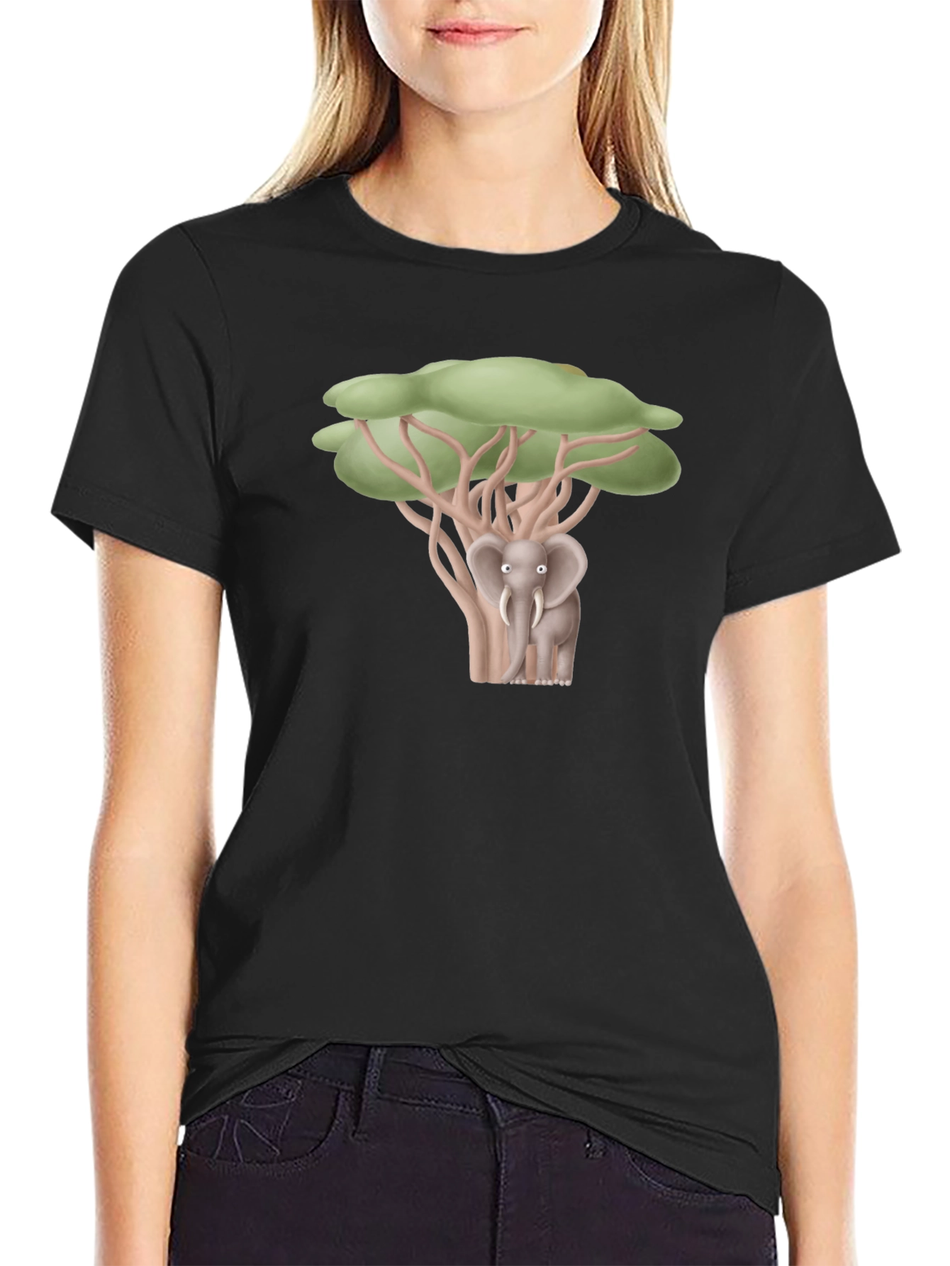 Black Elephant Under Tree Graphic T-Shirt view 2