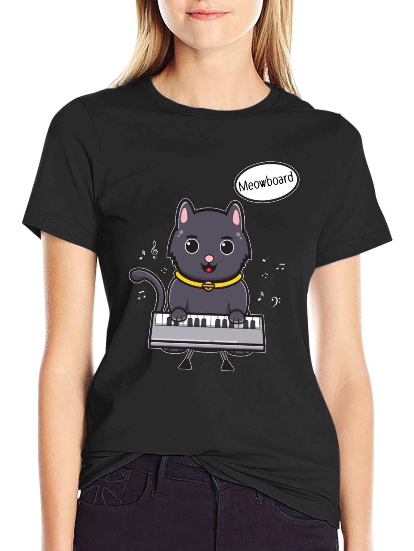 Black Meowboard Cat Musician T-Shirt view 2