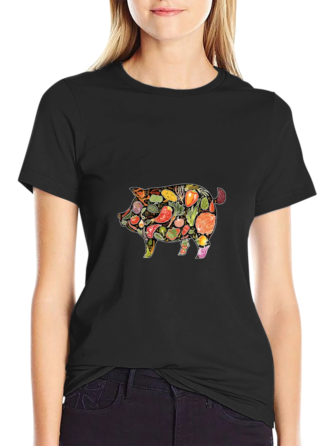 Black Veggie Pig Graphic T-Shirt - Unisex Black Tee view 2