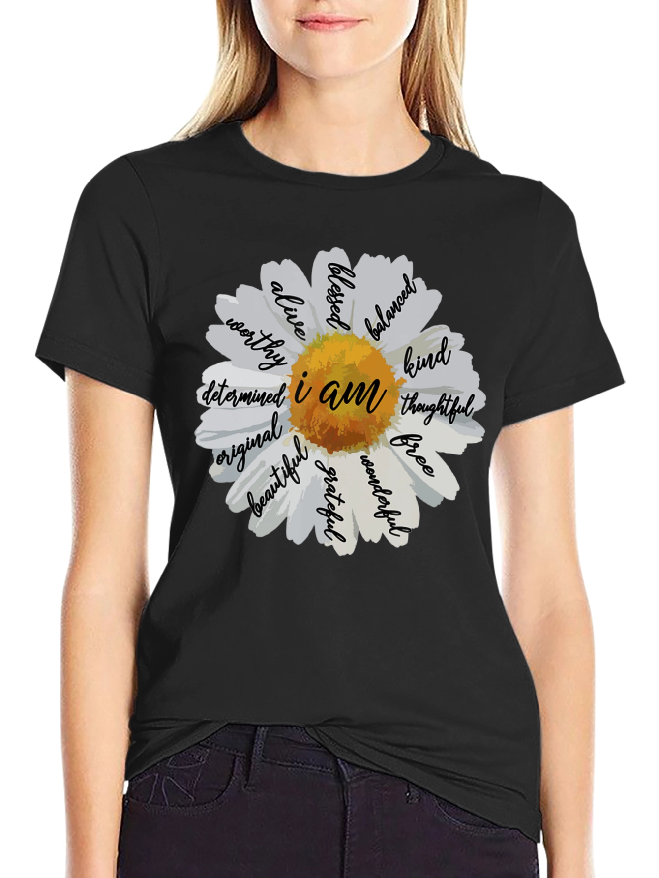 Black I Am Daisy T-Shirt - Inspirational Graphic Tee view 2
