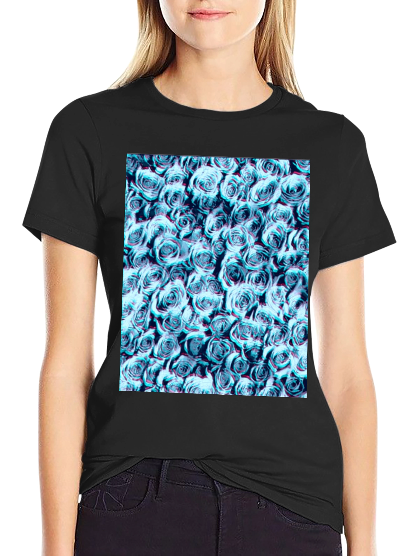 Black Blue Rose Print Black T-Shirt view 2