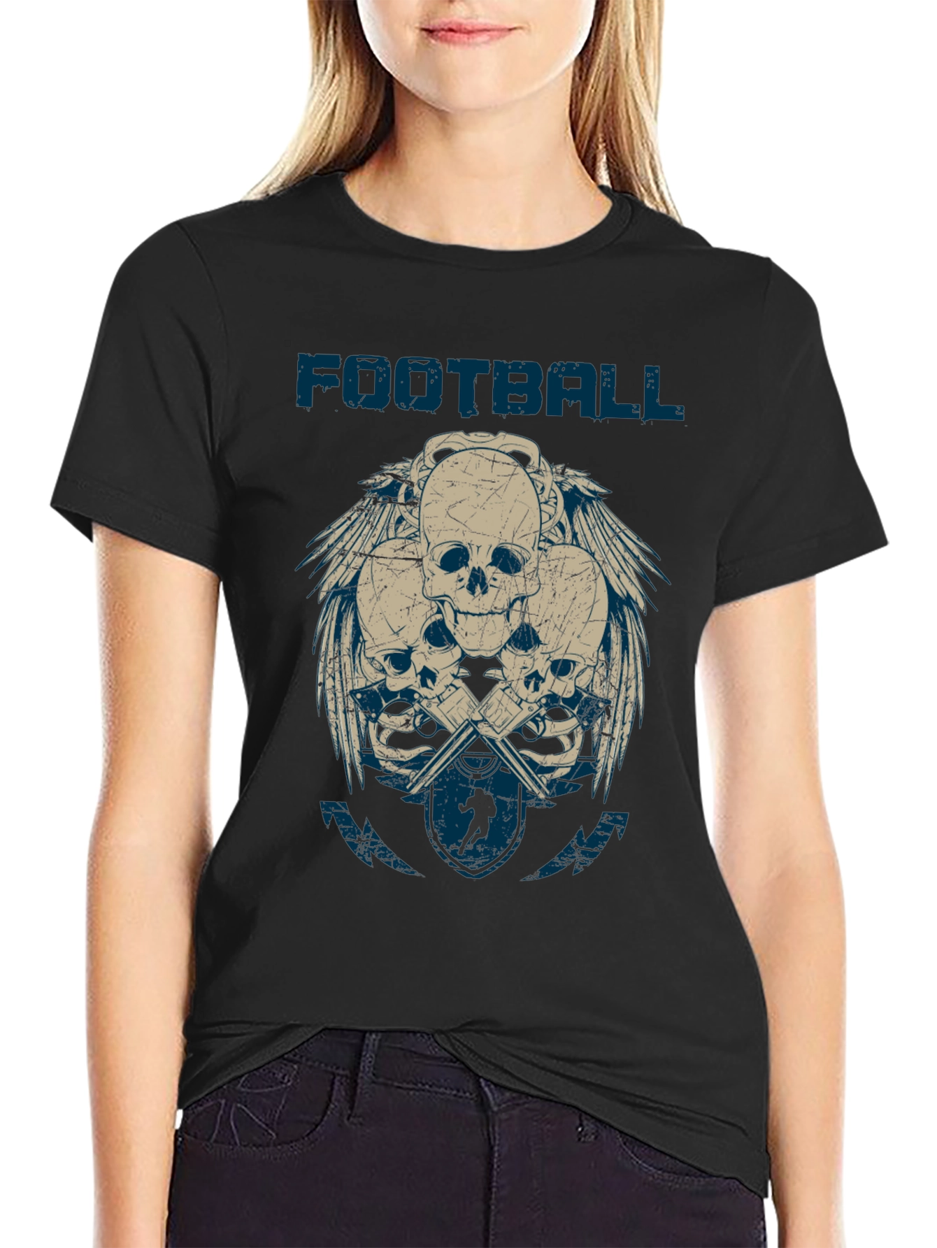 Black Football Skulls Graphic T-Shirt - Men's Casual Tee view 2