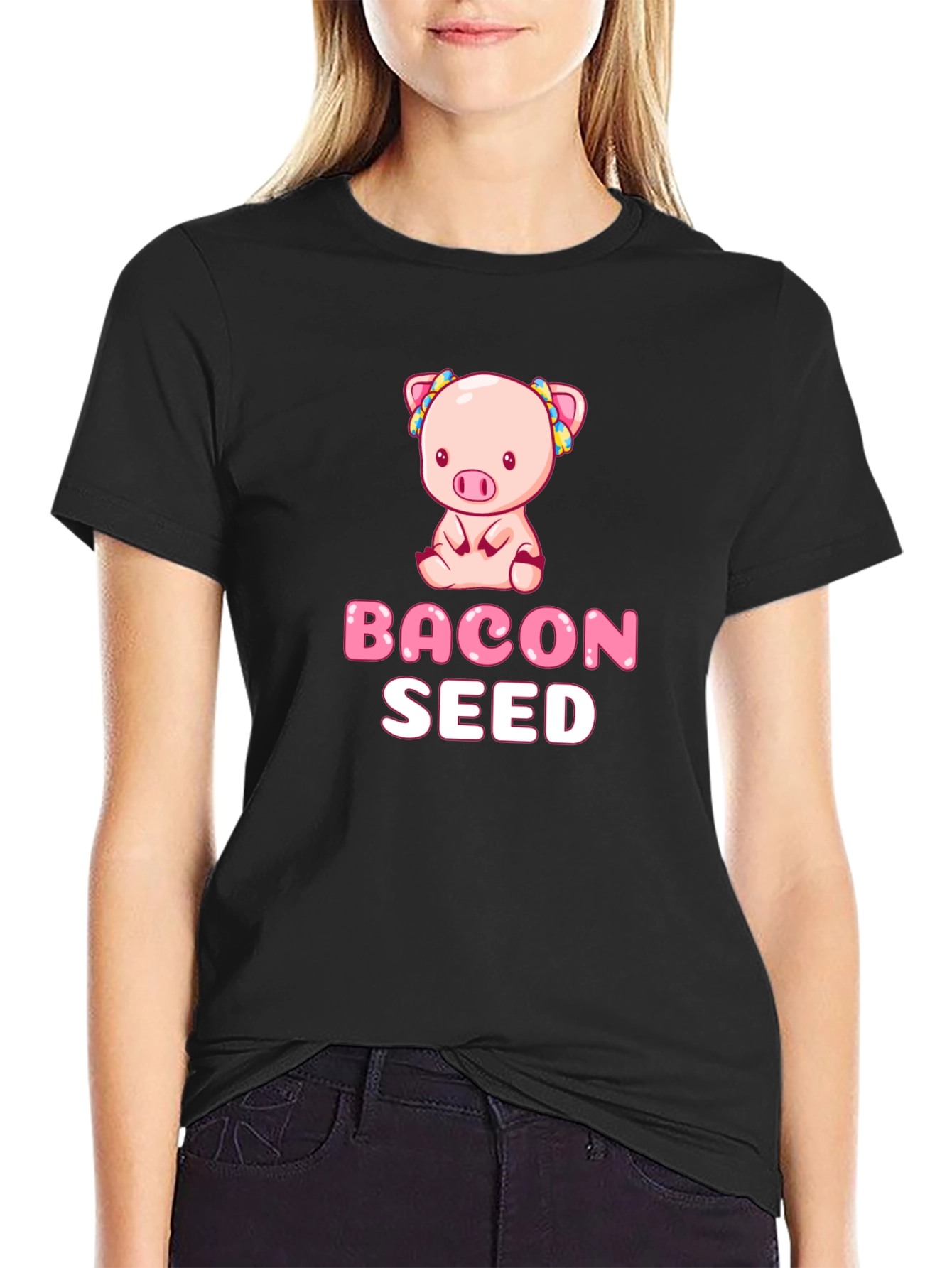 Black Bacon Seed Pig Graphic Black T-Shirt view 2