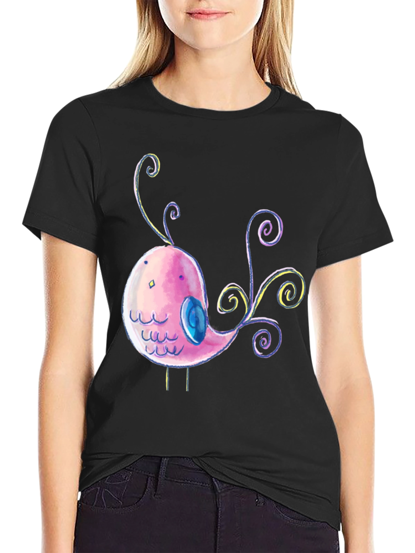 Black Cute Cartoon Bird Graphic Black T-Shirt view 2