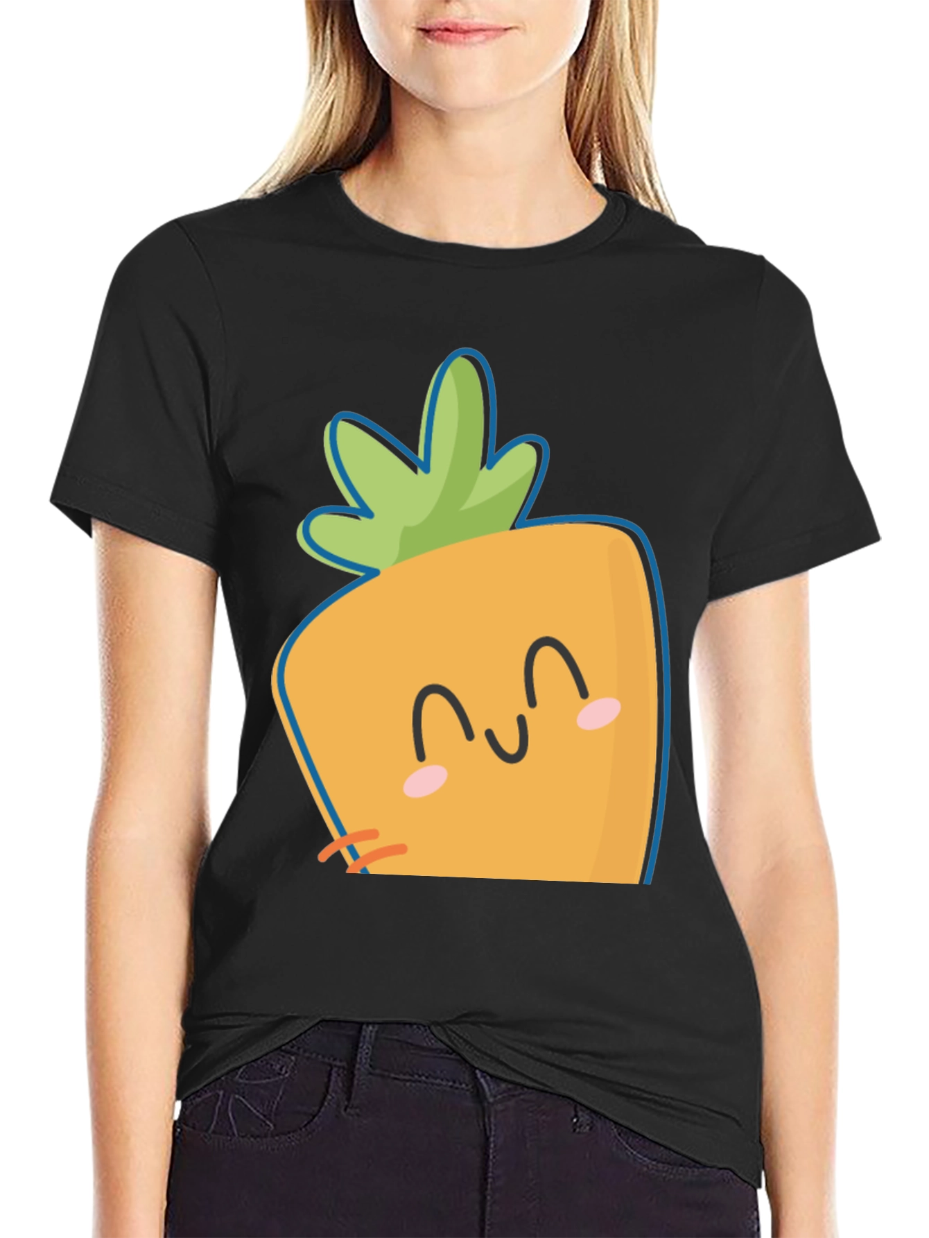 Black Cute Carrot Face Graphic Tee - Black Cotton Casual Shirt view 2
