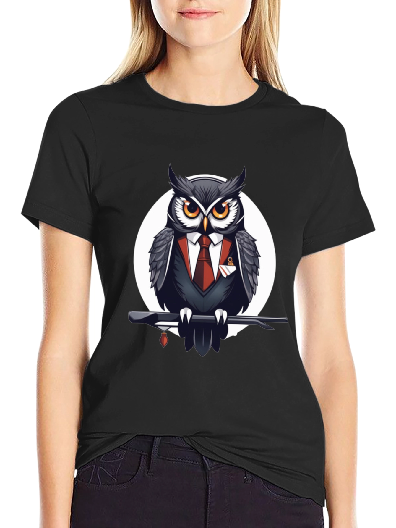 Black Owl in Suit Graphic Tee - Stylish Men's Black T-Shirt view 2