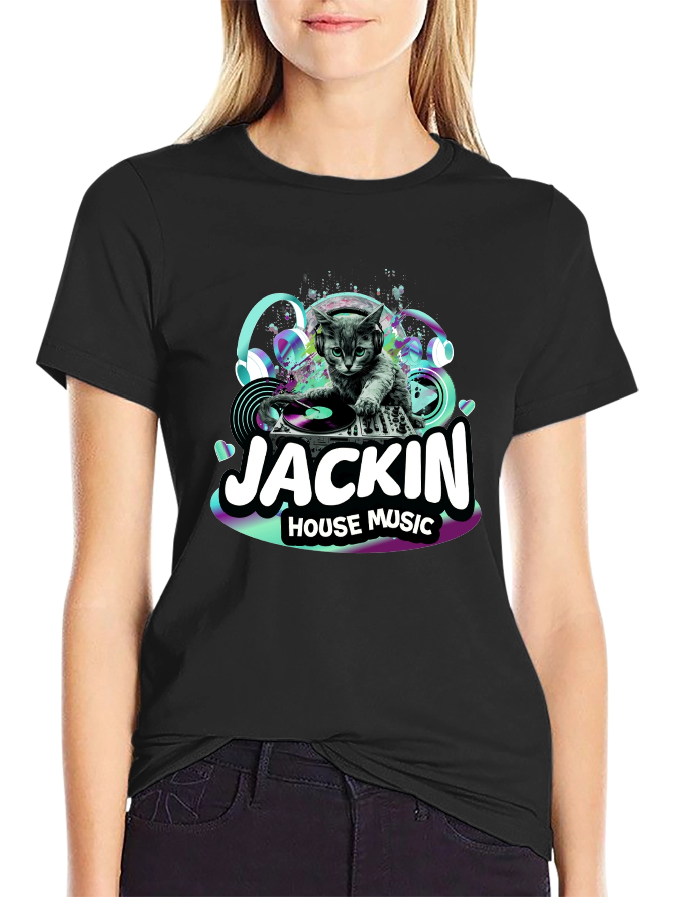Black DJ Cat T-Shirt - "Jackin' House Music" view 2