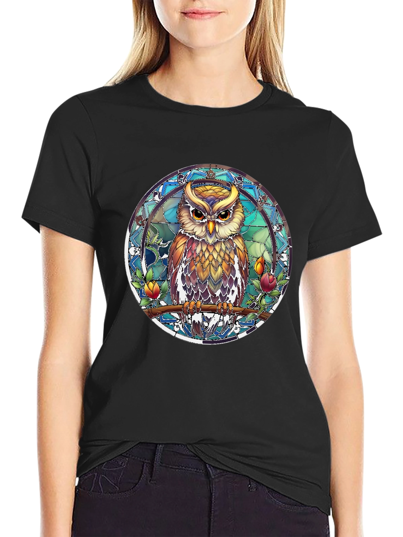 Black Owl Stained Glass Style Graphic Tee view 2