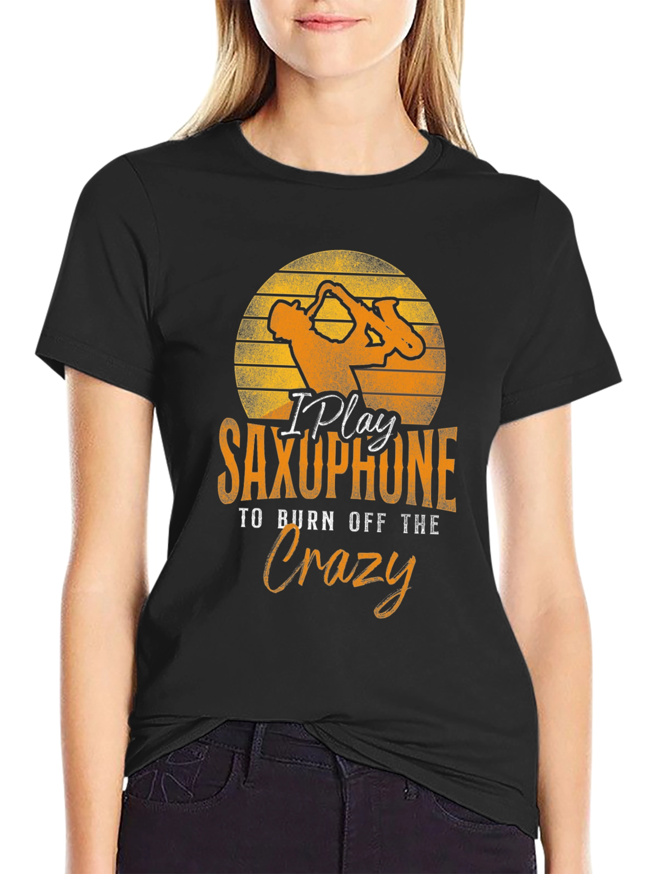 Black Saxophone Player T-Shirt - Burn Off The Crazy Tee view 2