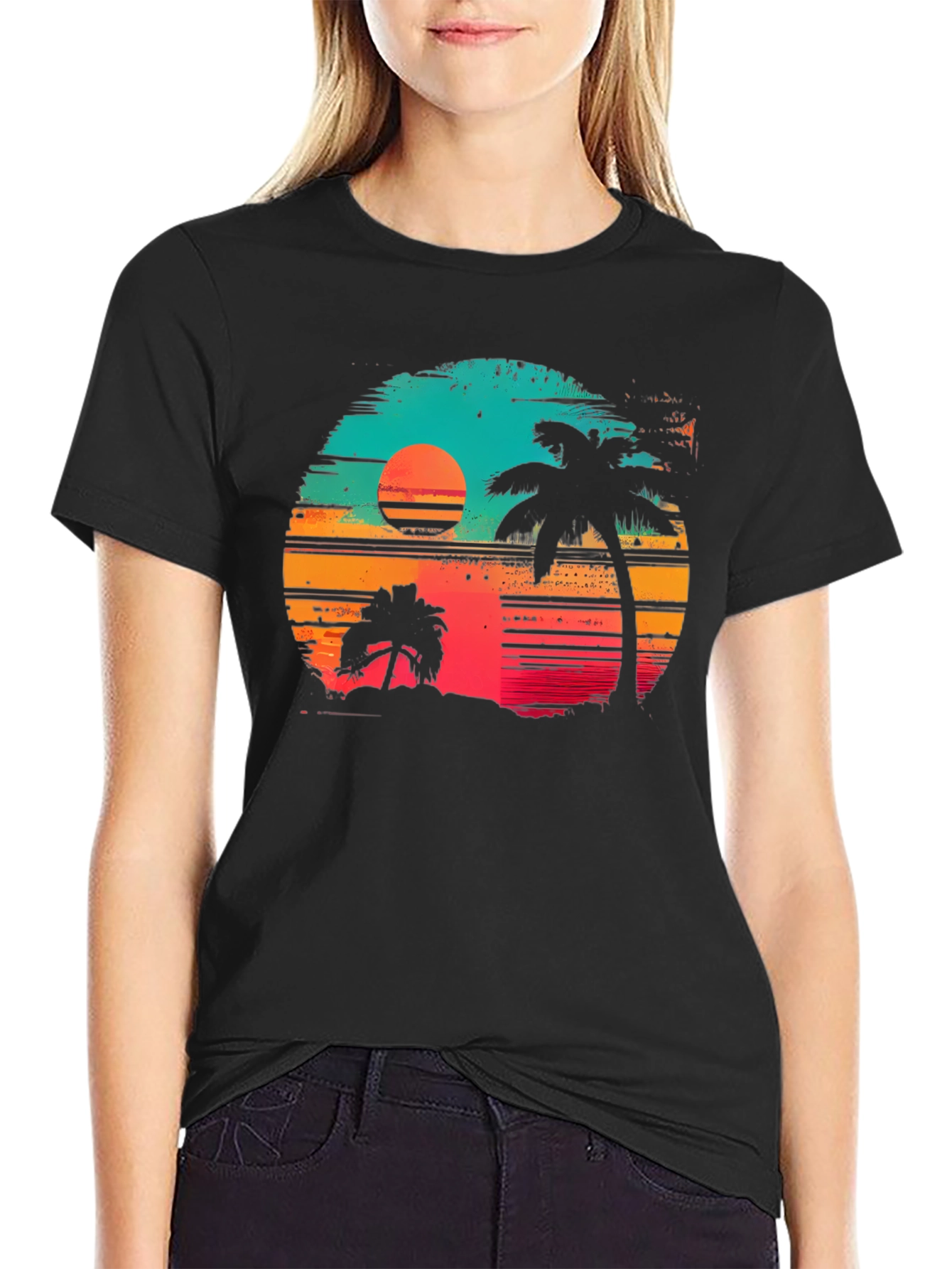 Black Retro Sunset Palm Tree Graphic T-Shirt view 2