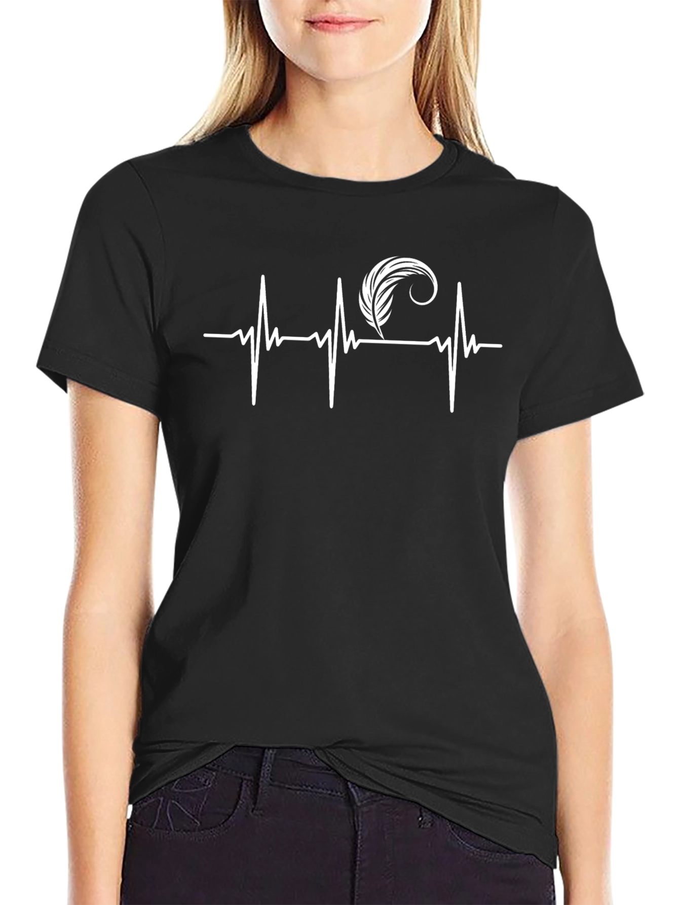 Black Feather Heartbeat T-Shirt - Stylish Graphic Tee view 2