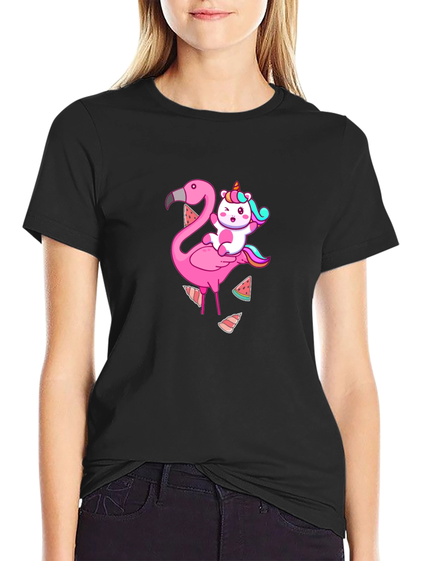 Black Unicorn & Flamingo Graphic Tee - Black T-Shirt view 2