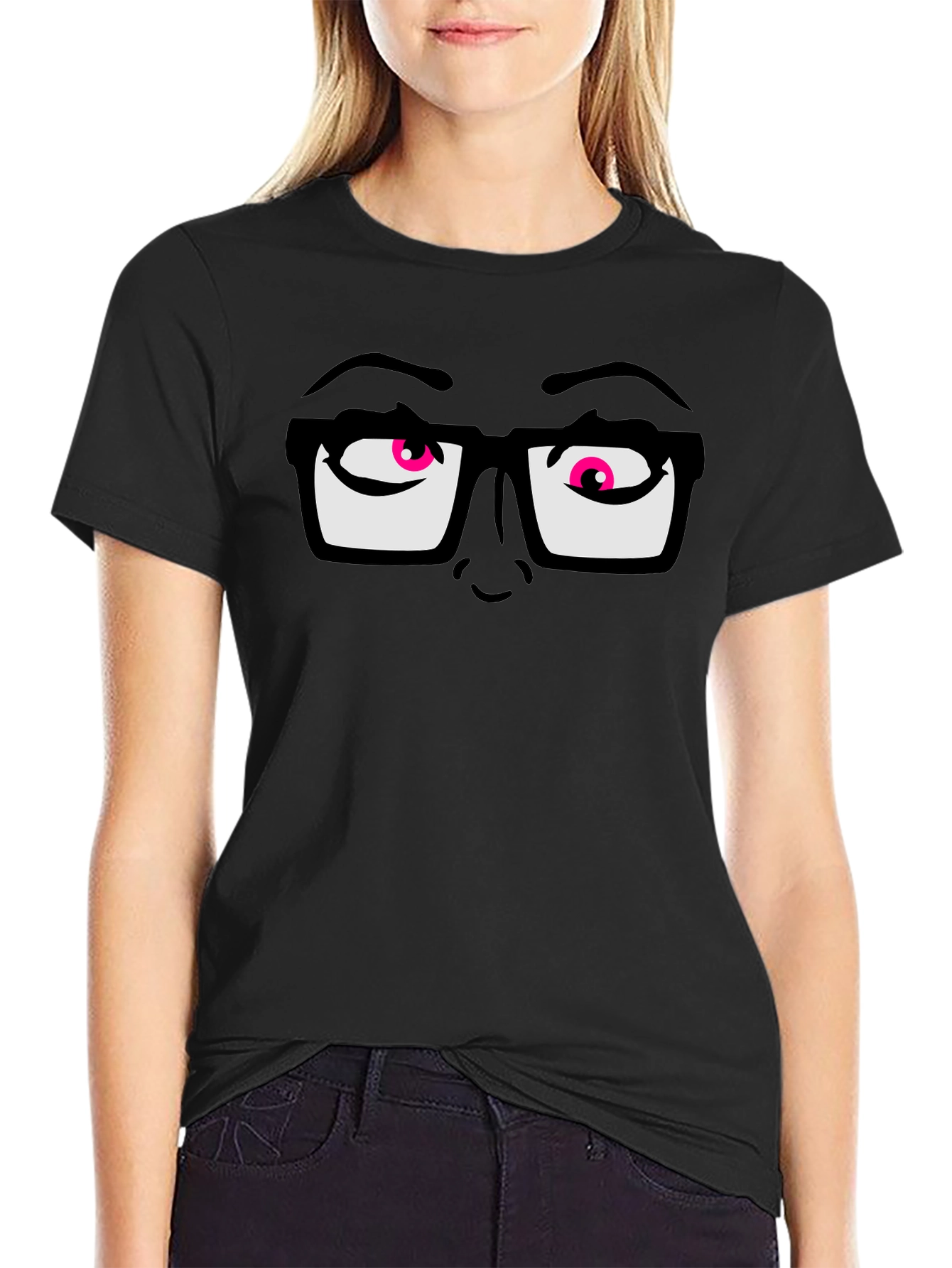 Black Funny Graphic T-Shirt with Cartoon Eyes and Glasses view 2
