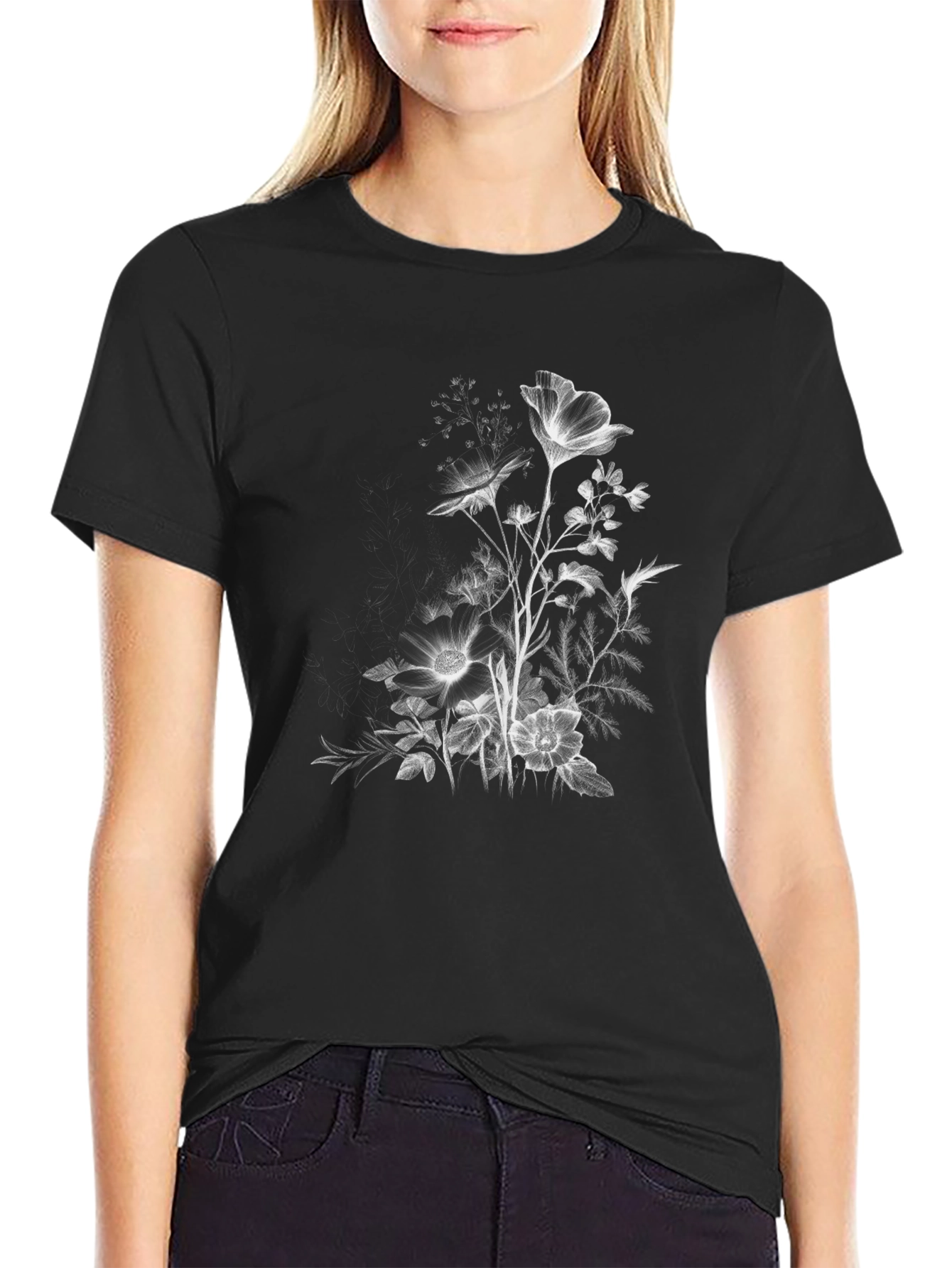 Black Floral Print Black Casual T-Shirt view 2