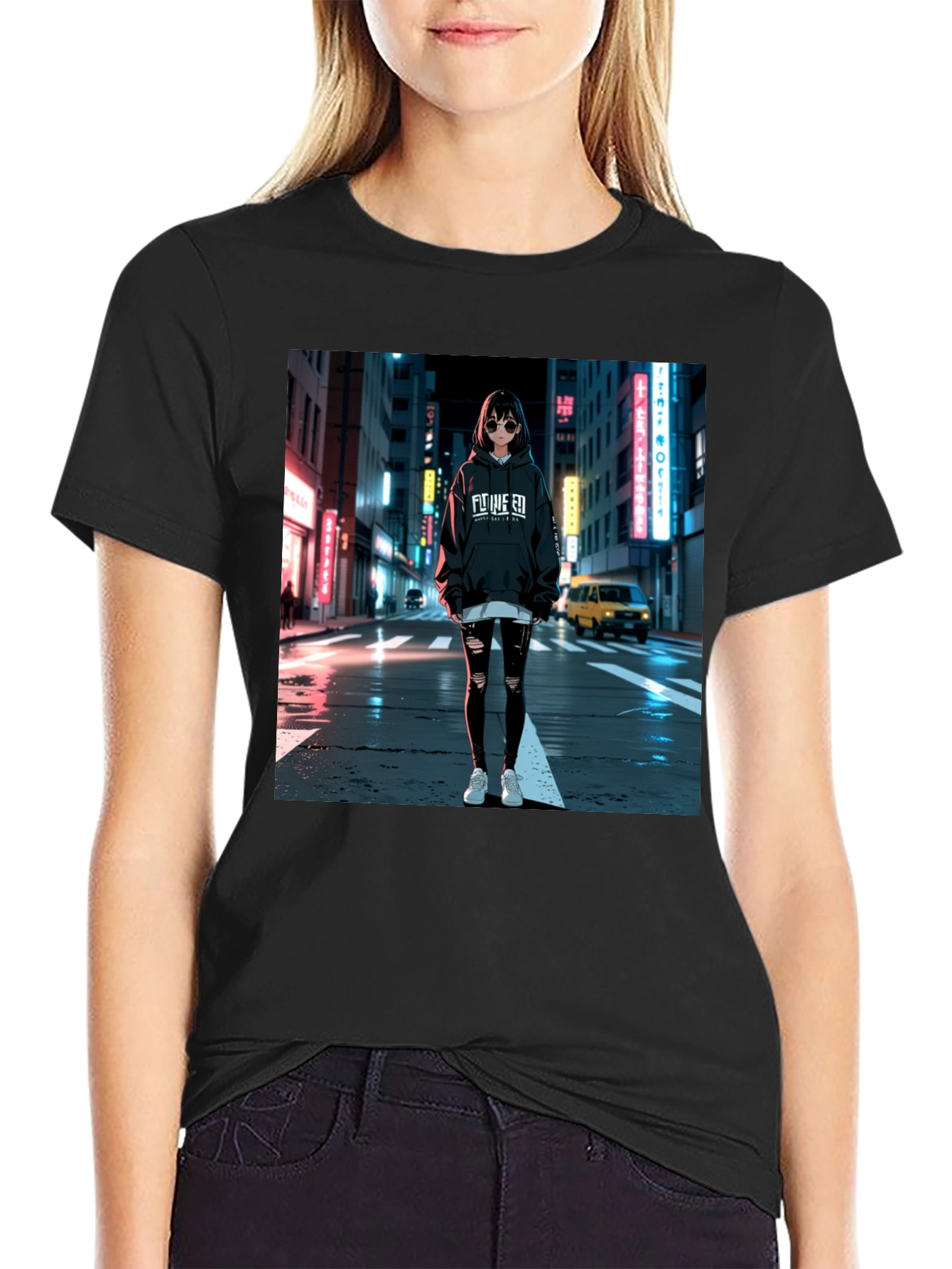 Black Anime Girl Graphic Black T-Shirt view 2