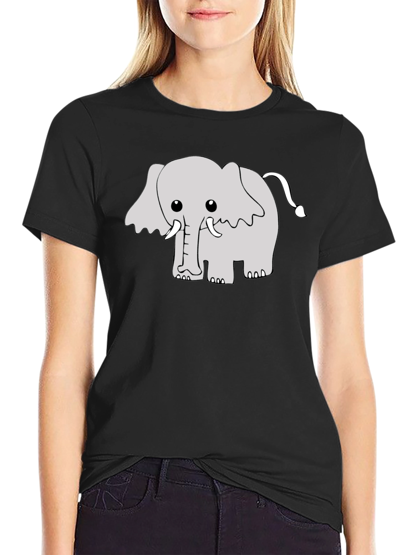 Black Cute Cartoon Elephant Graphic Tee - Black view 2