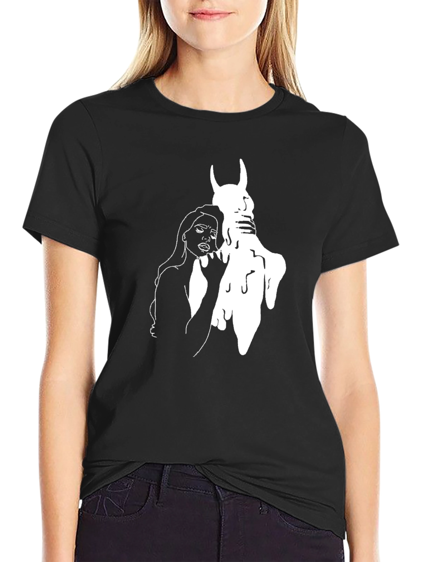 Black Black T-Shirt with Gothic Woman and Horned Figure Graphic view 2