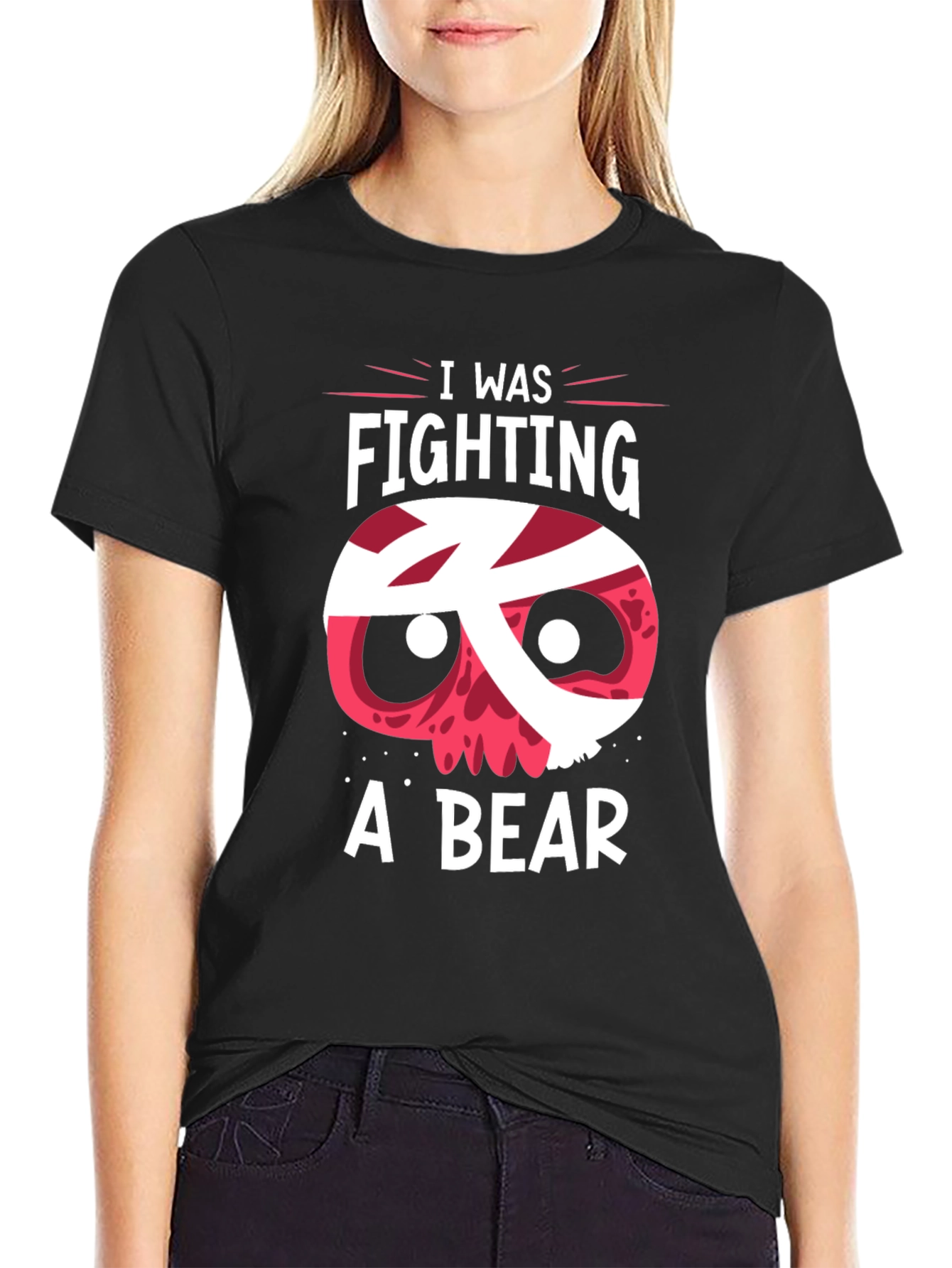 Black I Was Fighting A Bear Funny Graphic T-Shirt view 2