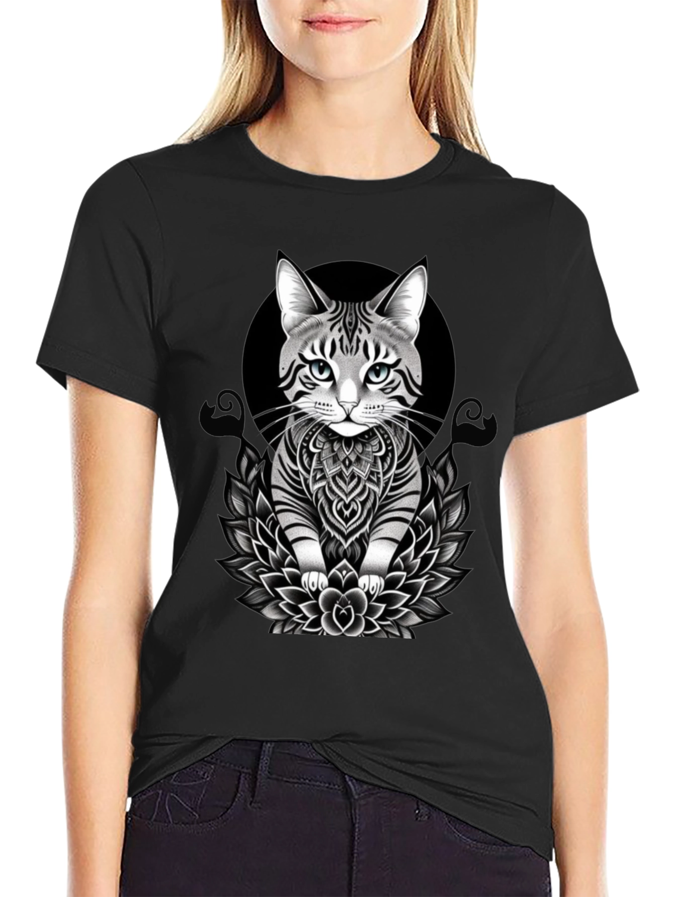 Black Cat Mandala T-Shirt - Artistic Graphic Tee view 2