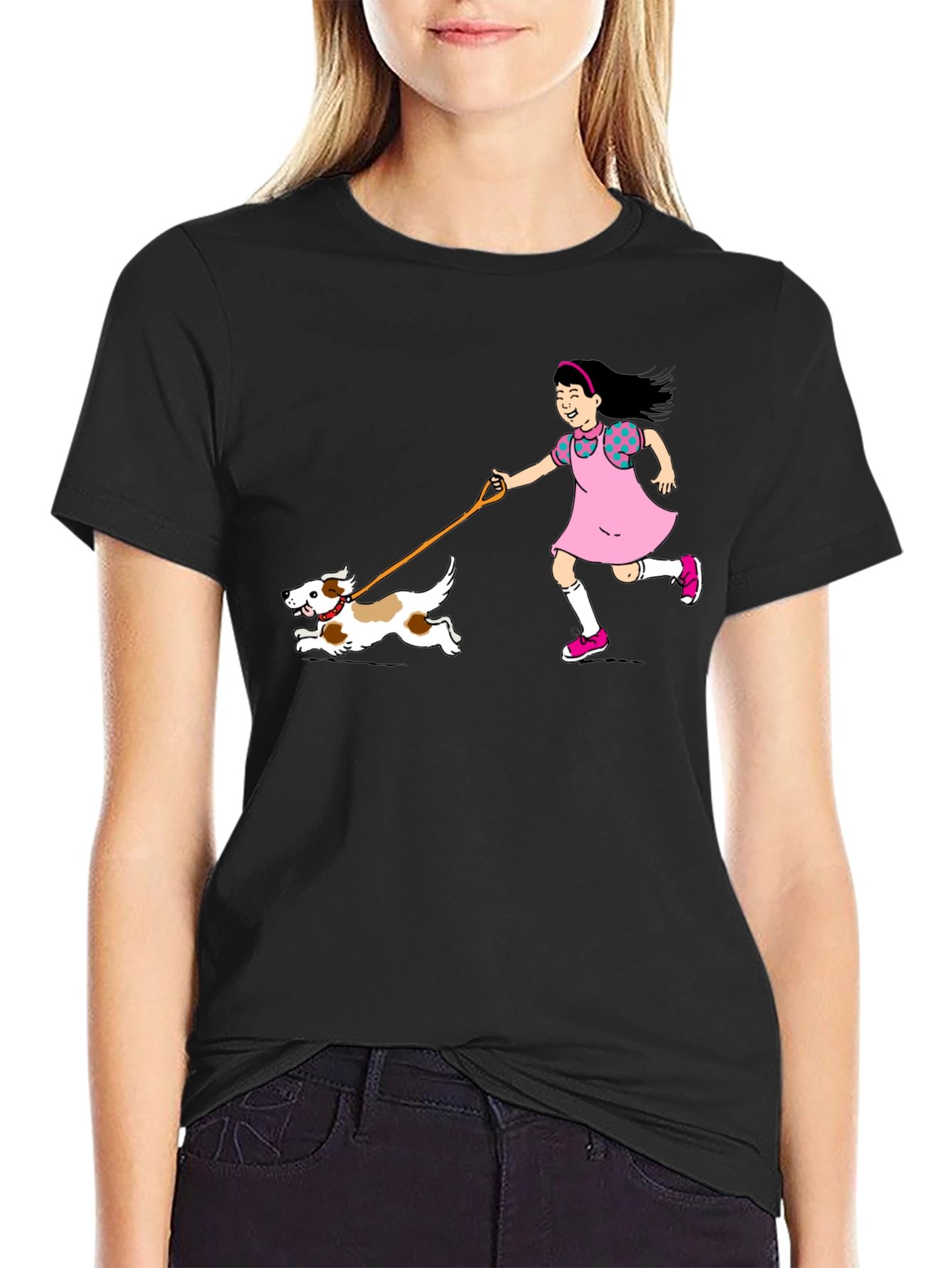 Black Girl & Dog T-Shirt - Black Cotton Graphic Tee view 2
