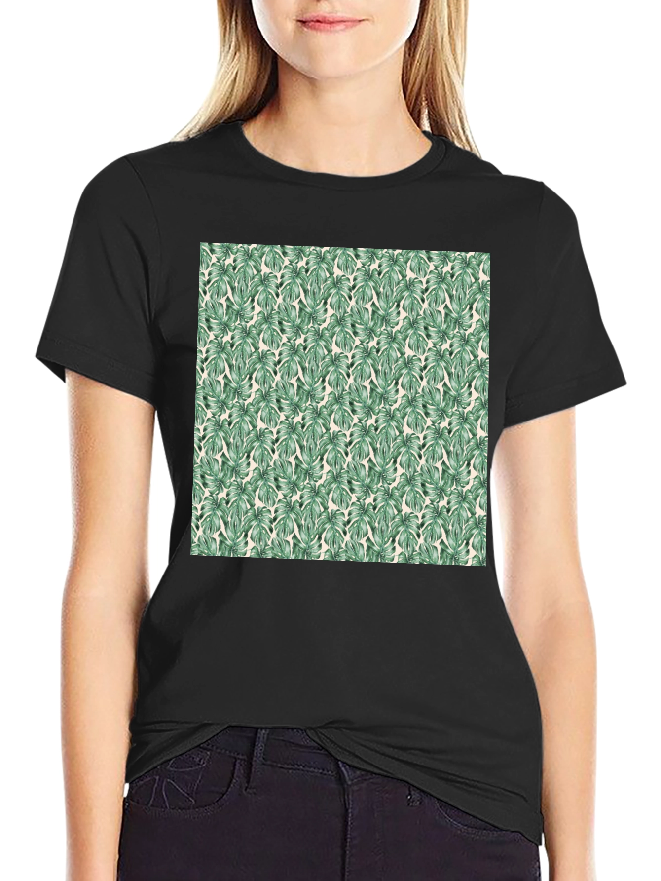 Black Tropical Leaf Print Black T-Shirt view 2