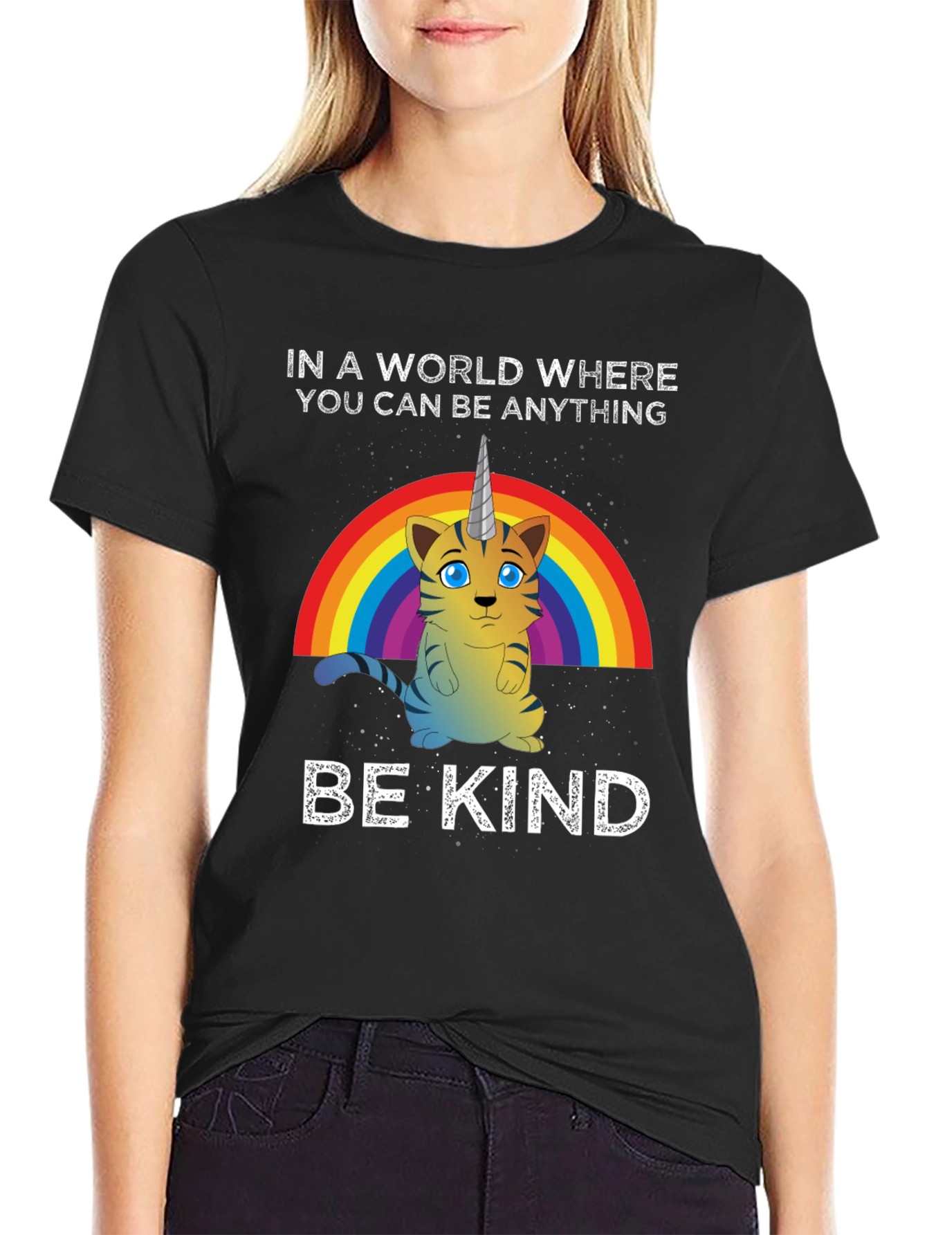Black Unicorn Cat Rainbow T-Shirt - Be Kind view 2