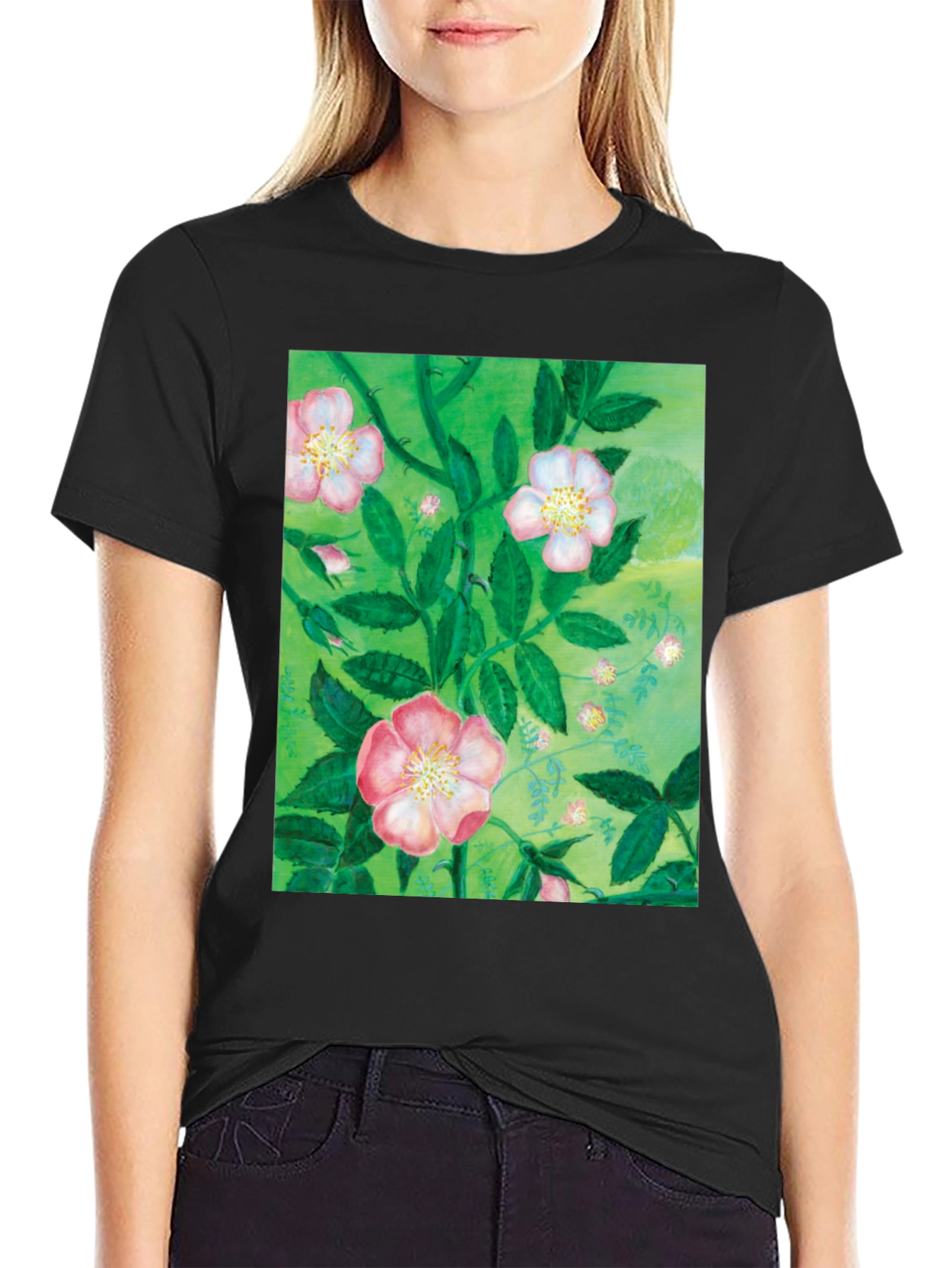 Black Floral Print T-Shirt - Artistic Botanical Design view 2