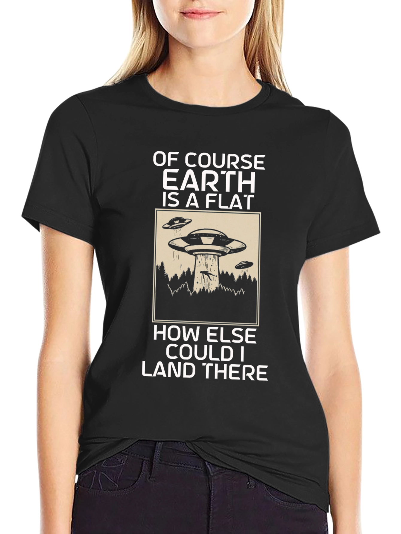 Black Flat Earth UFO Graphic T-Shirt view 2