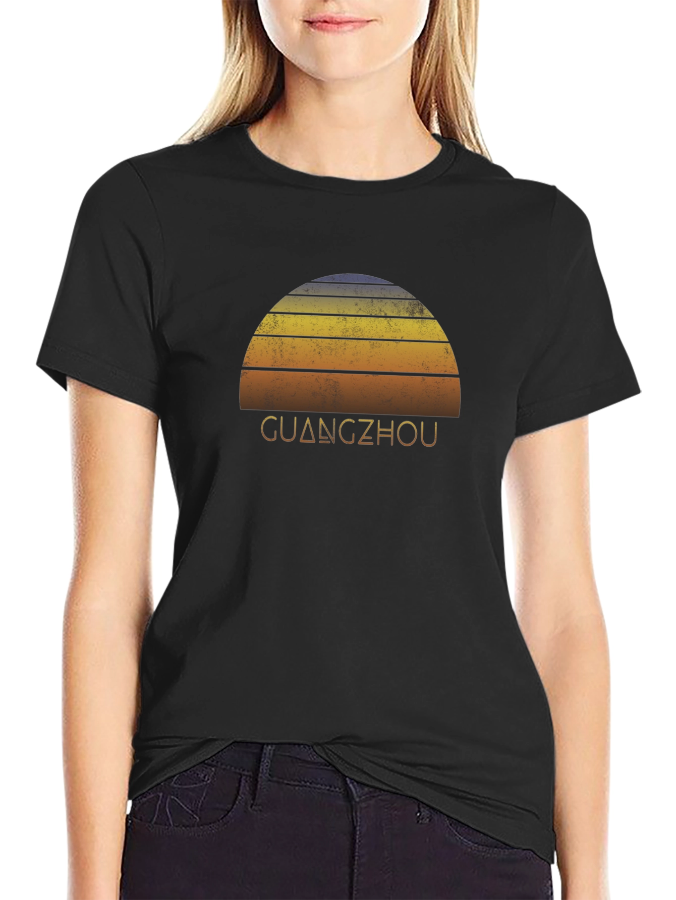 Black Guangzhou Sunset Graphic Tee - Retro Style Black T-Shirt view 2