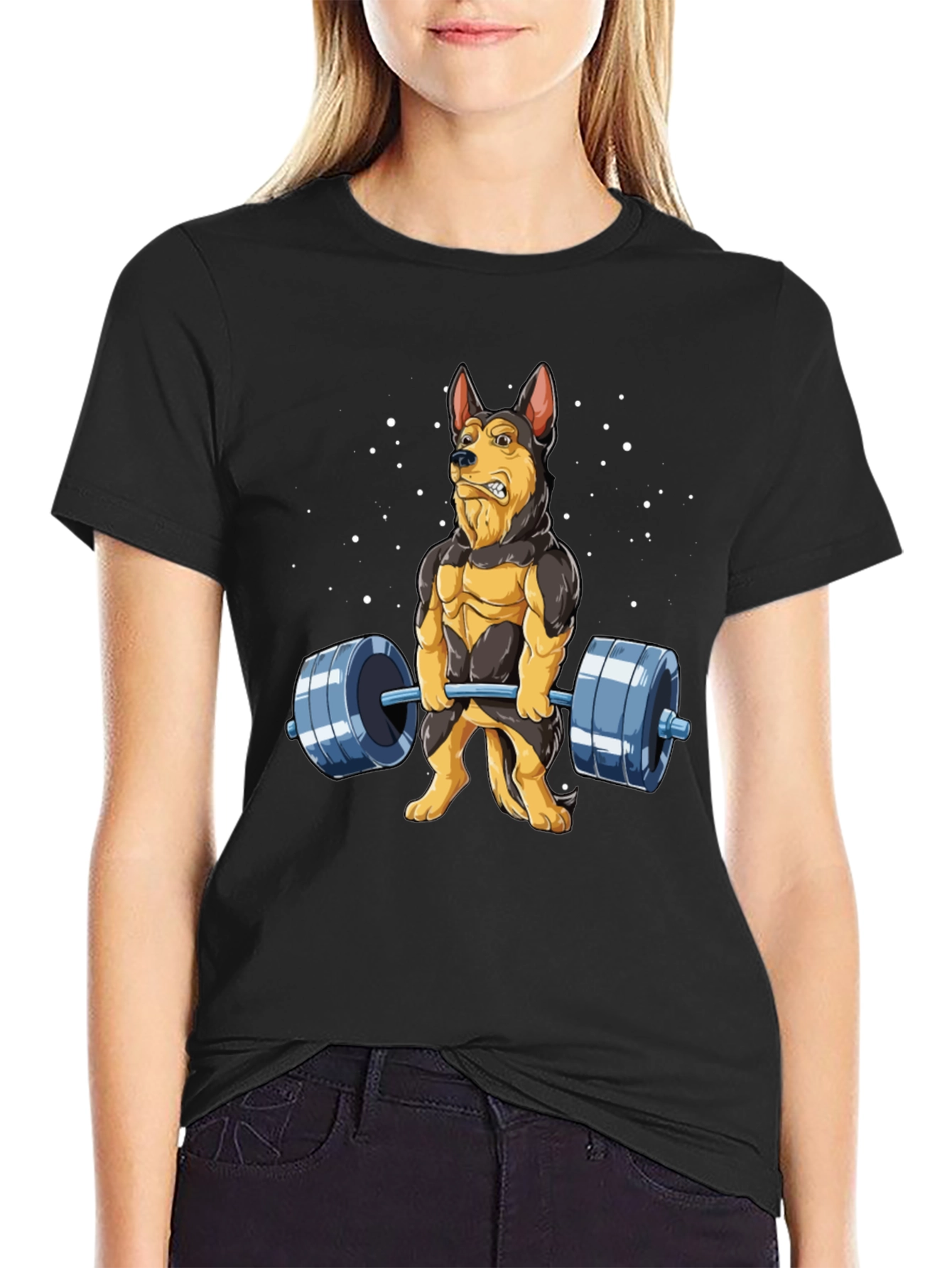 Black Funny Dog Lifting Weights T-Shirt view 2