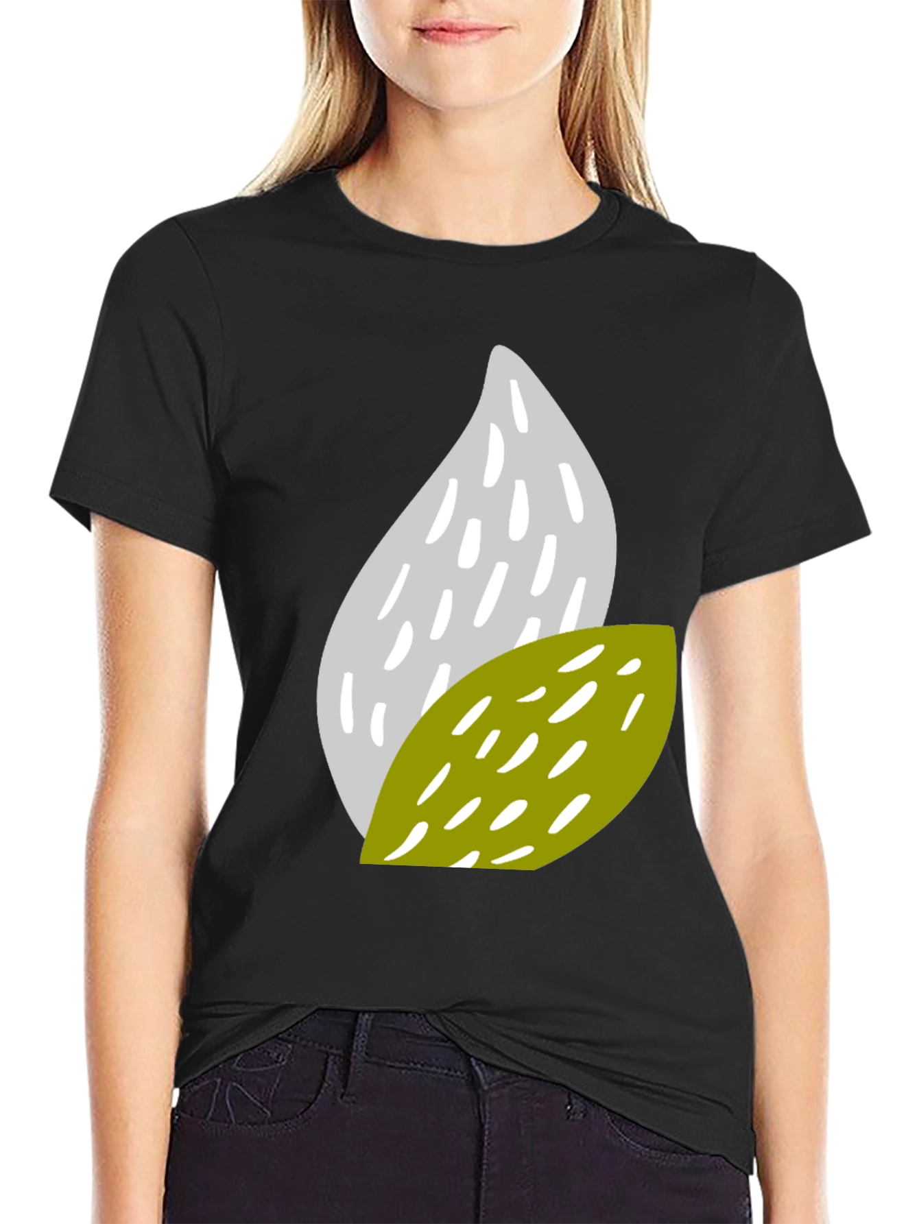 Black Abstract Leaf Pattern Black T-Shirt view 2