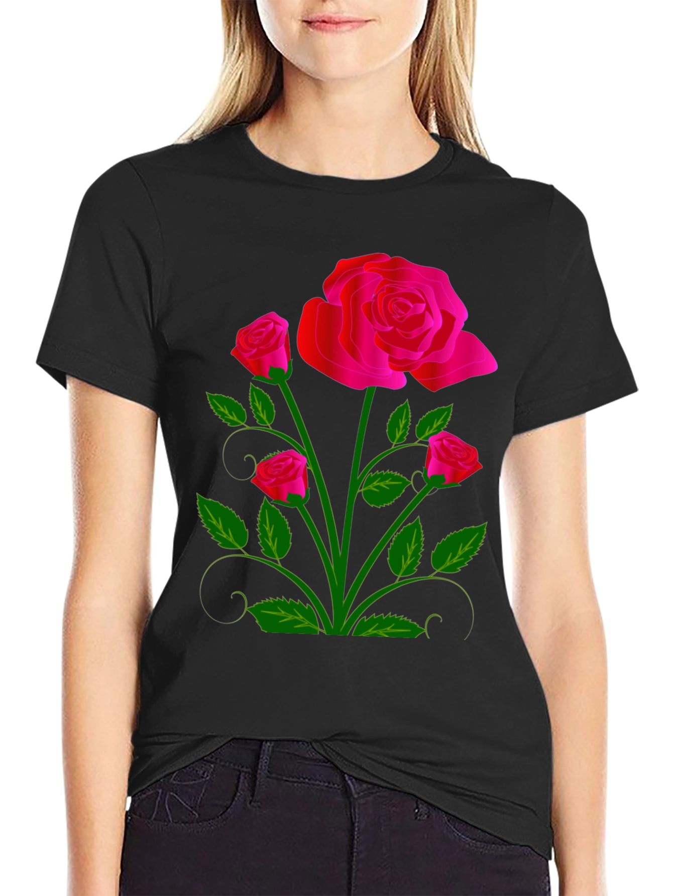 Black Black T-Shirt with Vivid Floral Rose Design view 2