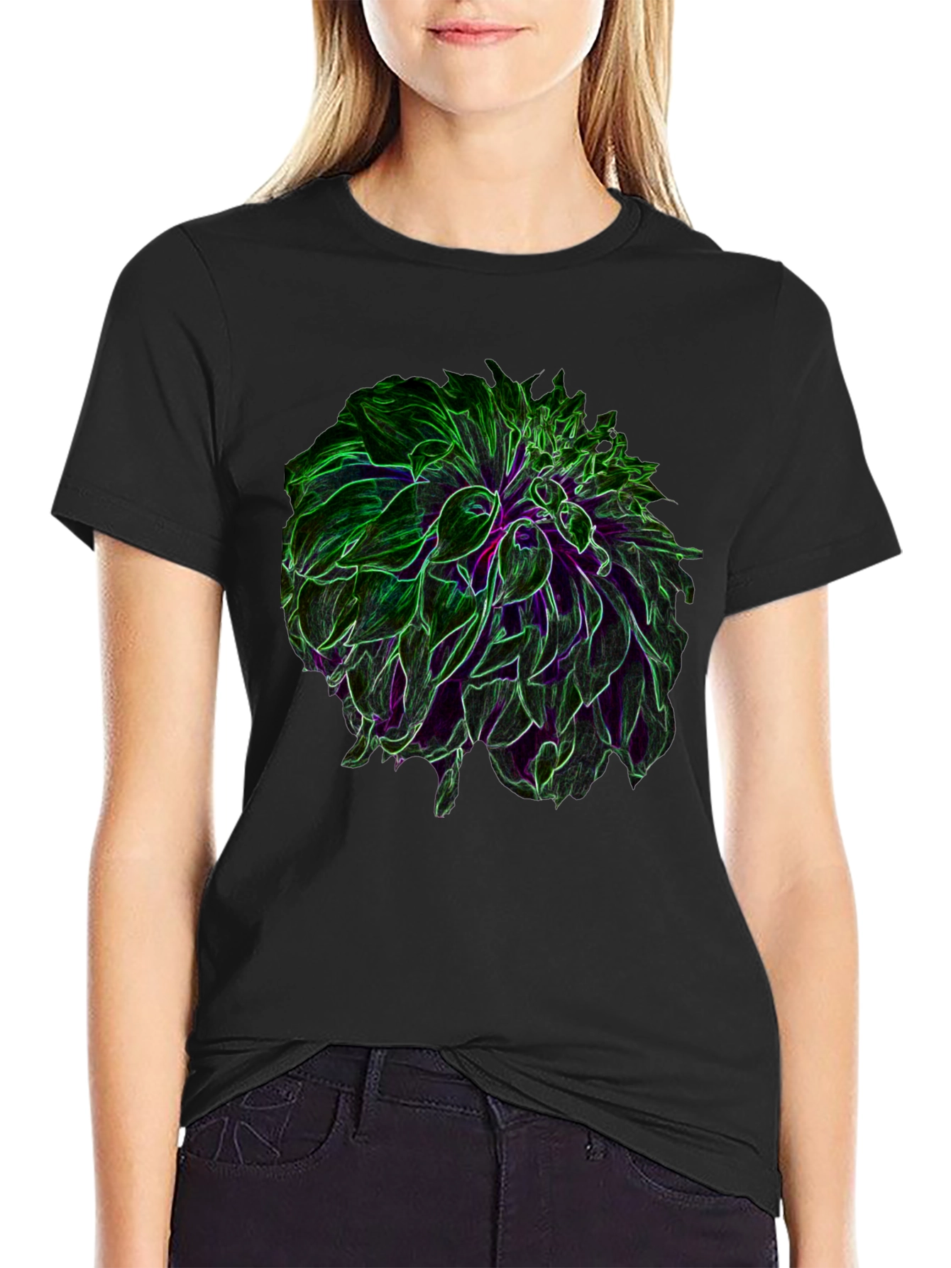 Black Neon Floral Graphic Black T-Shirt view 2