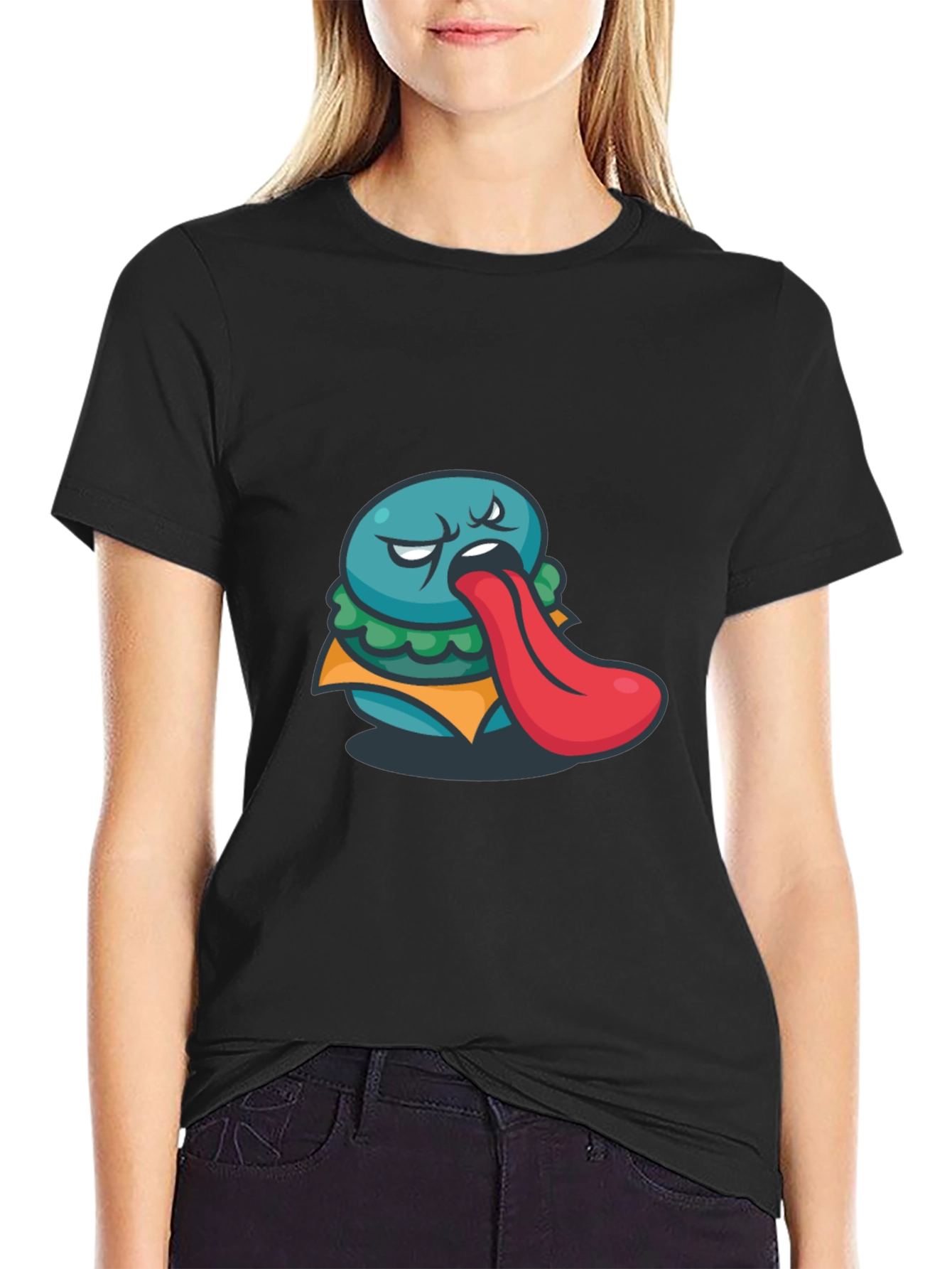Black Funny Burger Tongue Graphic Black T-Shirt view 2