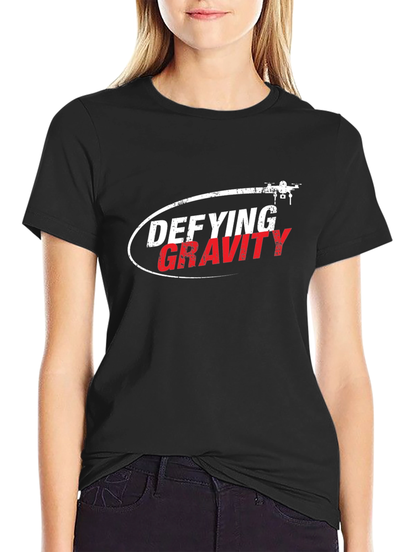 Black Defying Gravity Drone Graphic Tee - Black Cotton T-Shirt view 2