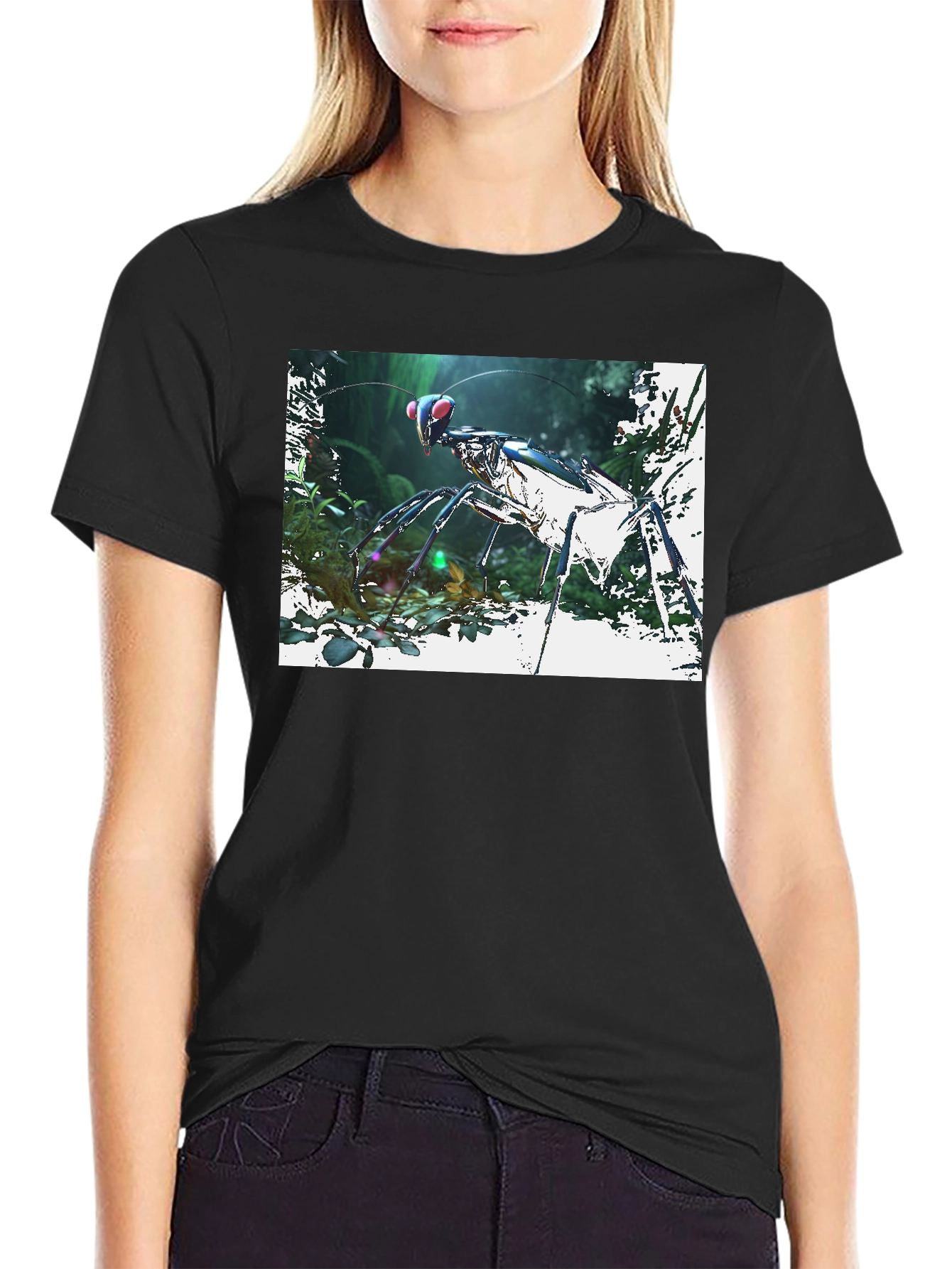 Black Futuristic Praying Mantis Graphic T-Shirt view 2