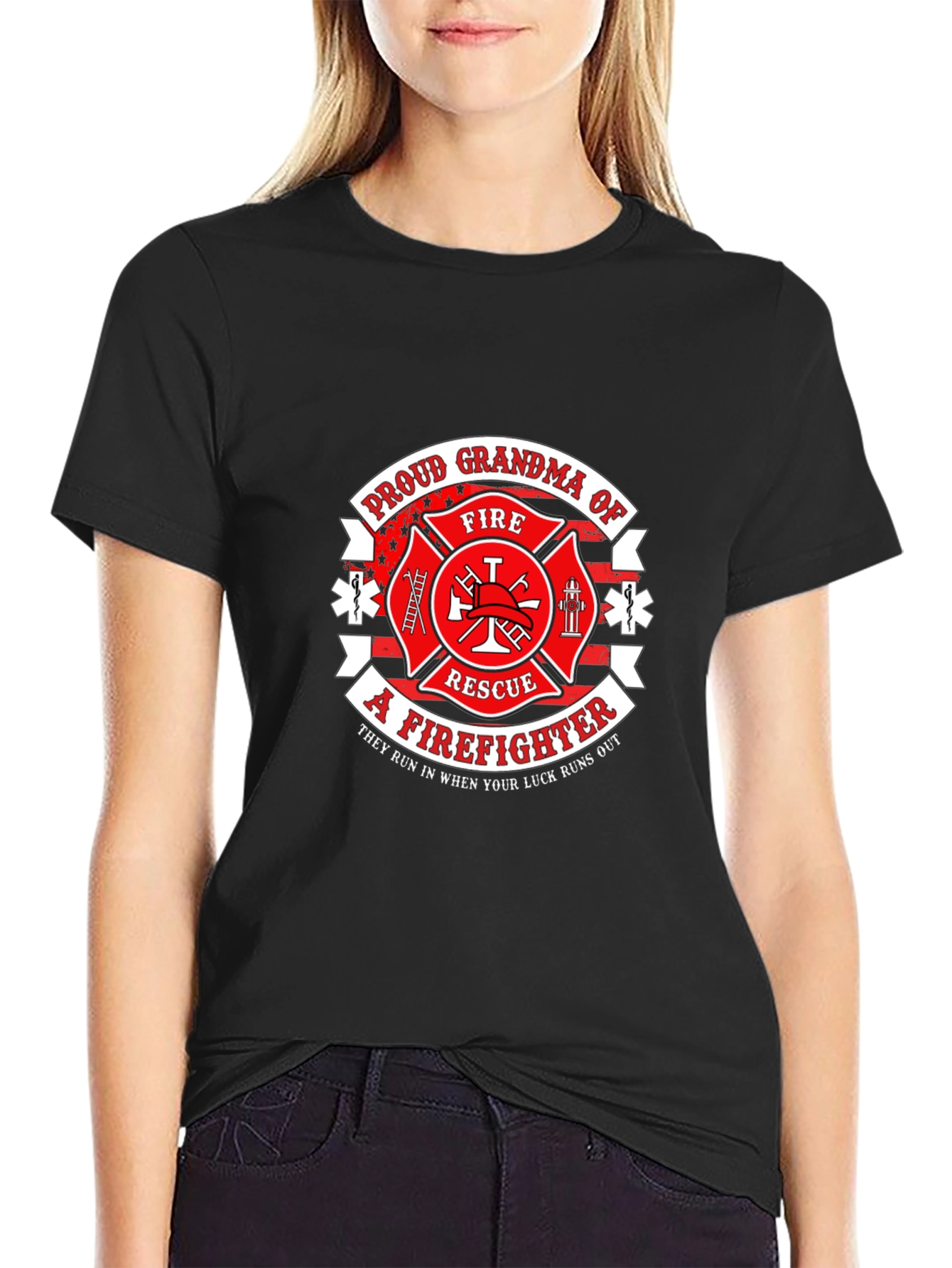 Black Proud Grandma Firefighter T-Shirt view 2