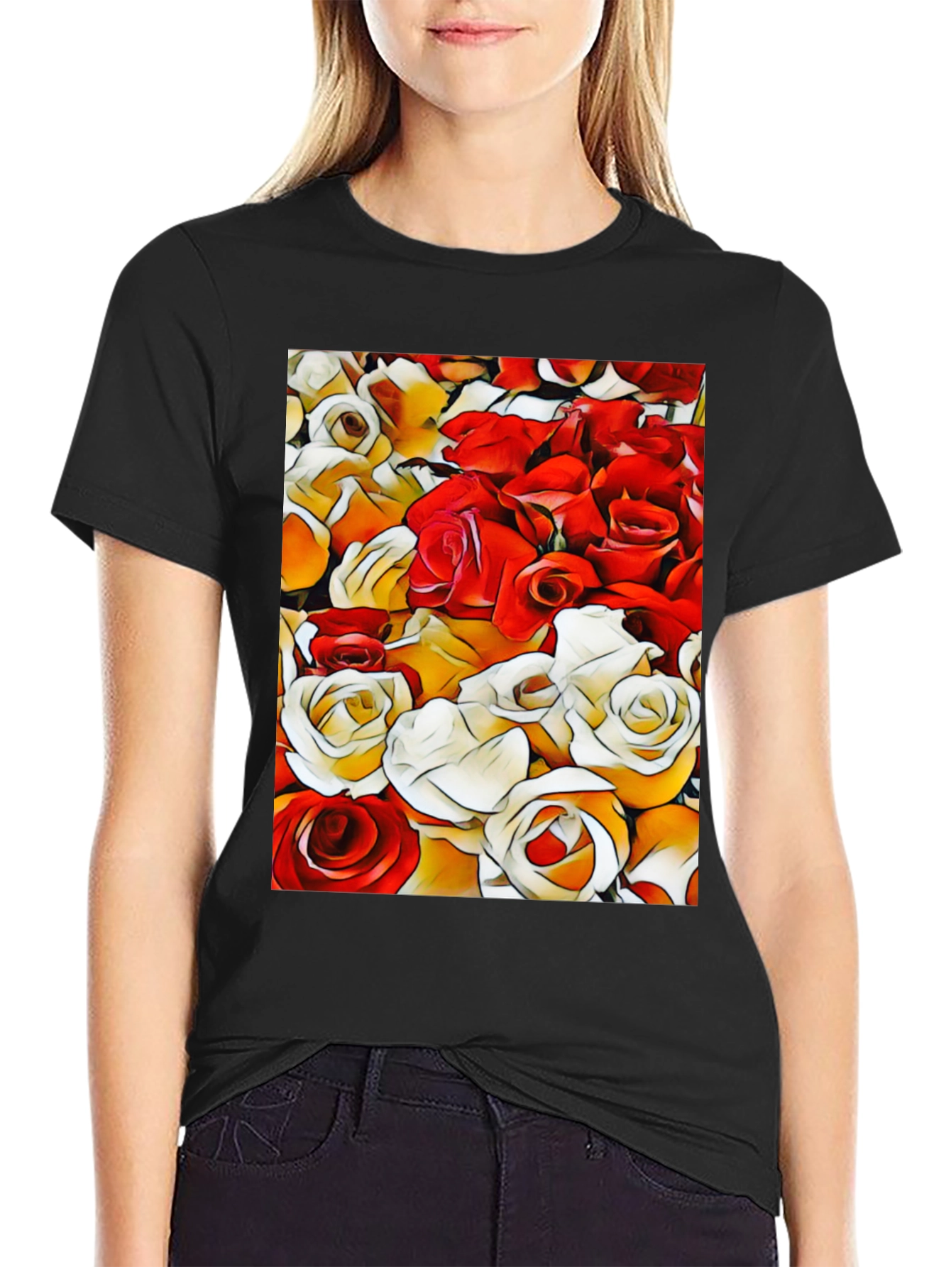 Black Floral Pattern T-Shirt view 2