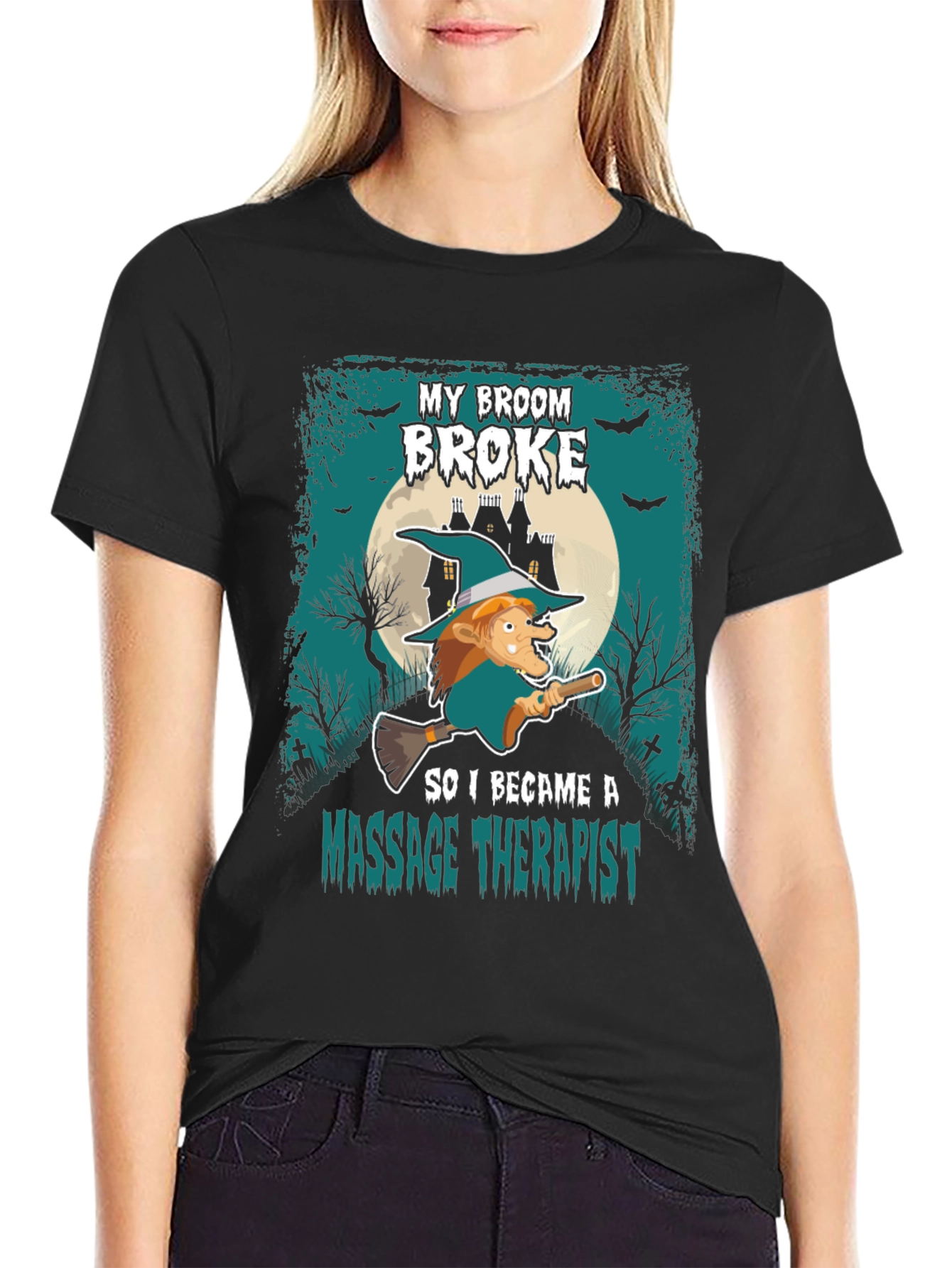 Black Funny Halloween Witch Massage Therapist T-Shirt view 2