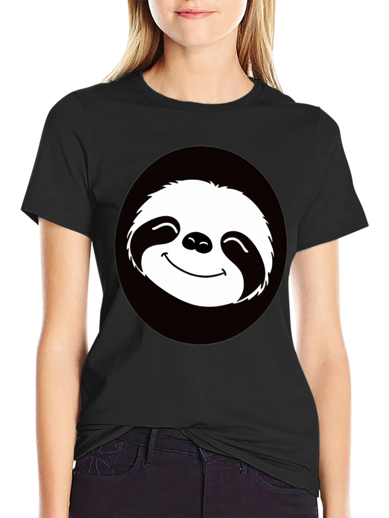 Black Funny Sloth Graphic Tee - Casual Black T-Shirt view 2