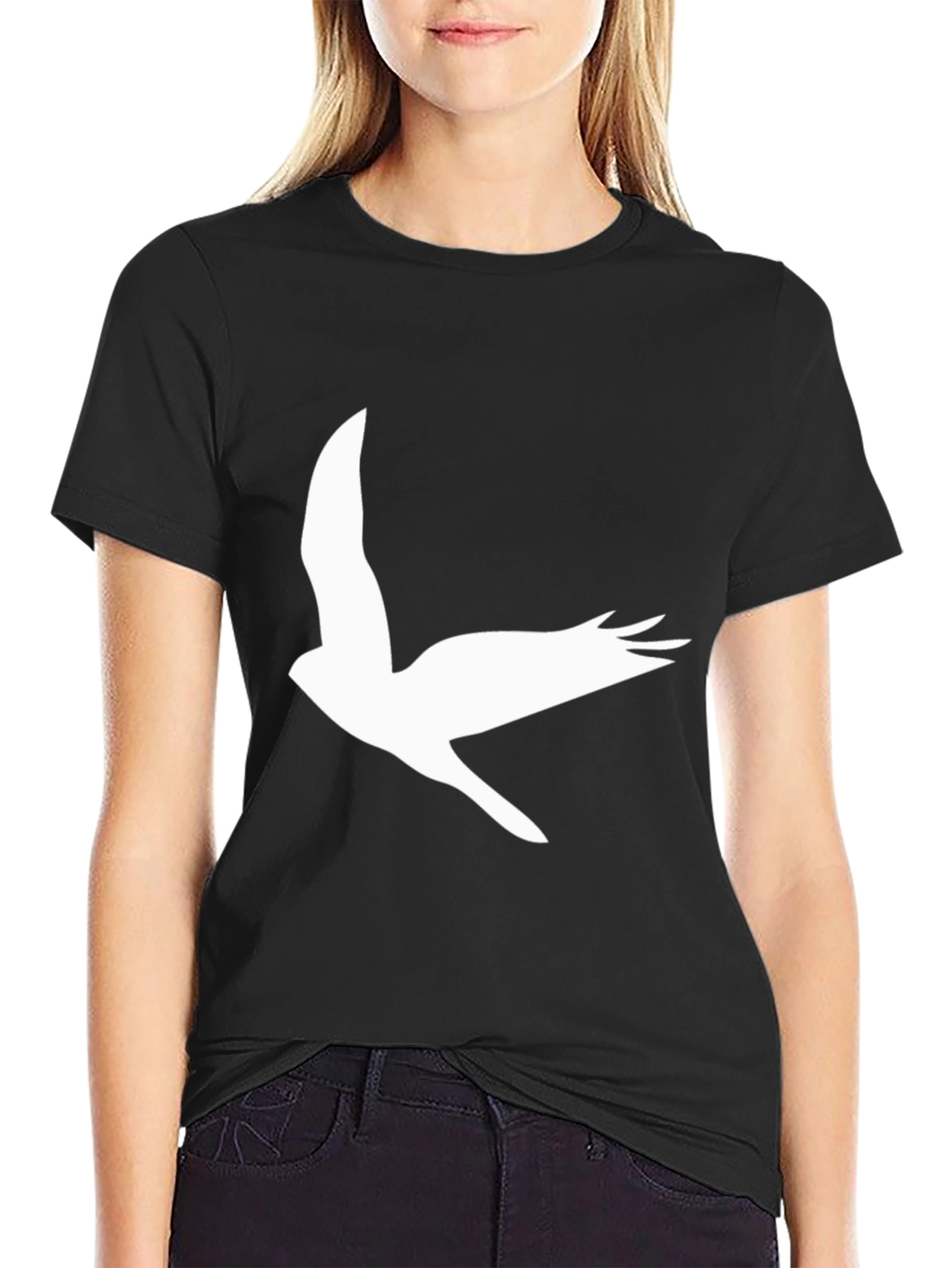 Black Black T-Shirt with White Bird Print view 2