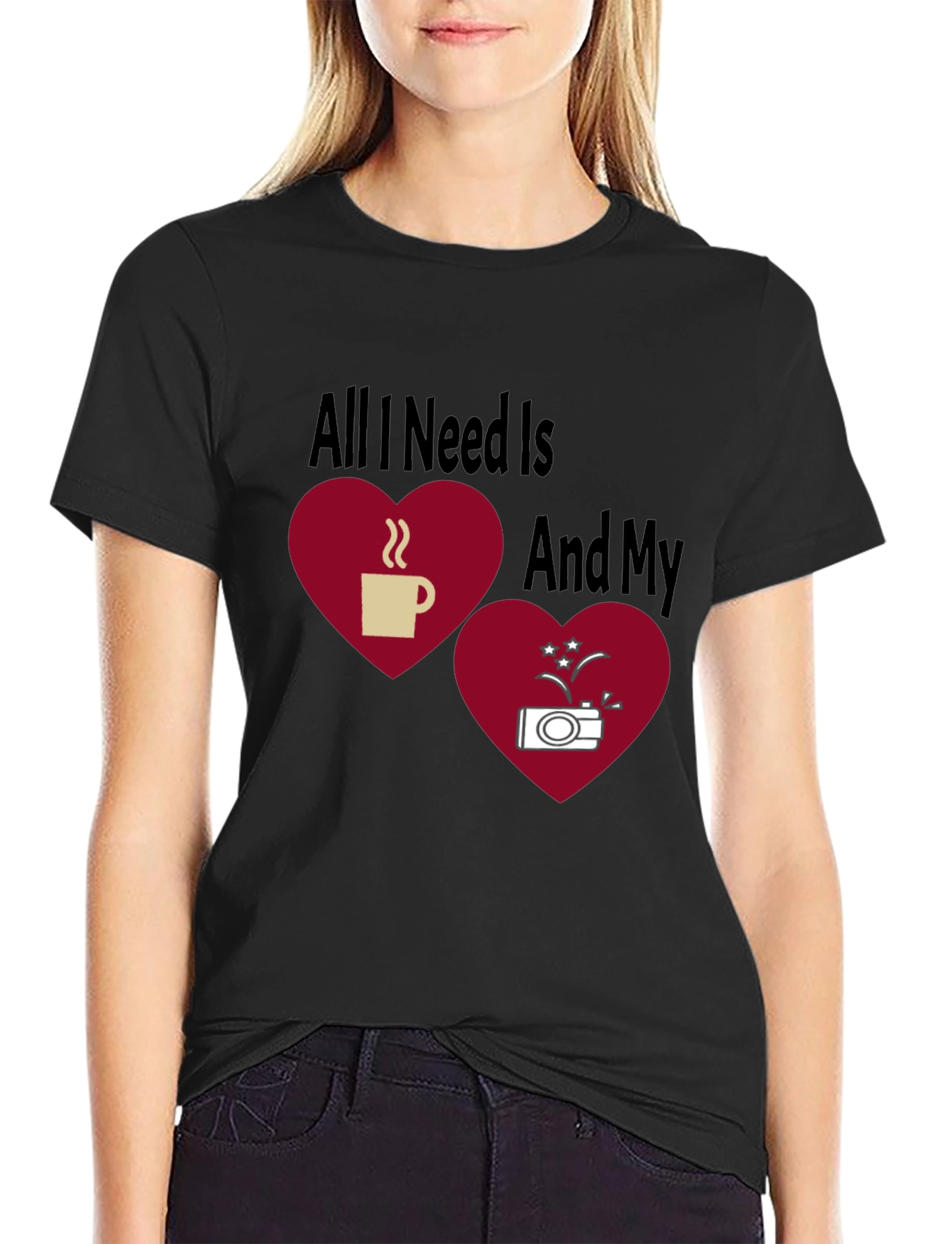 Black Coffee and Camera Heart Graphic T-Shirt view 2