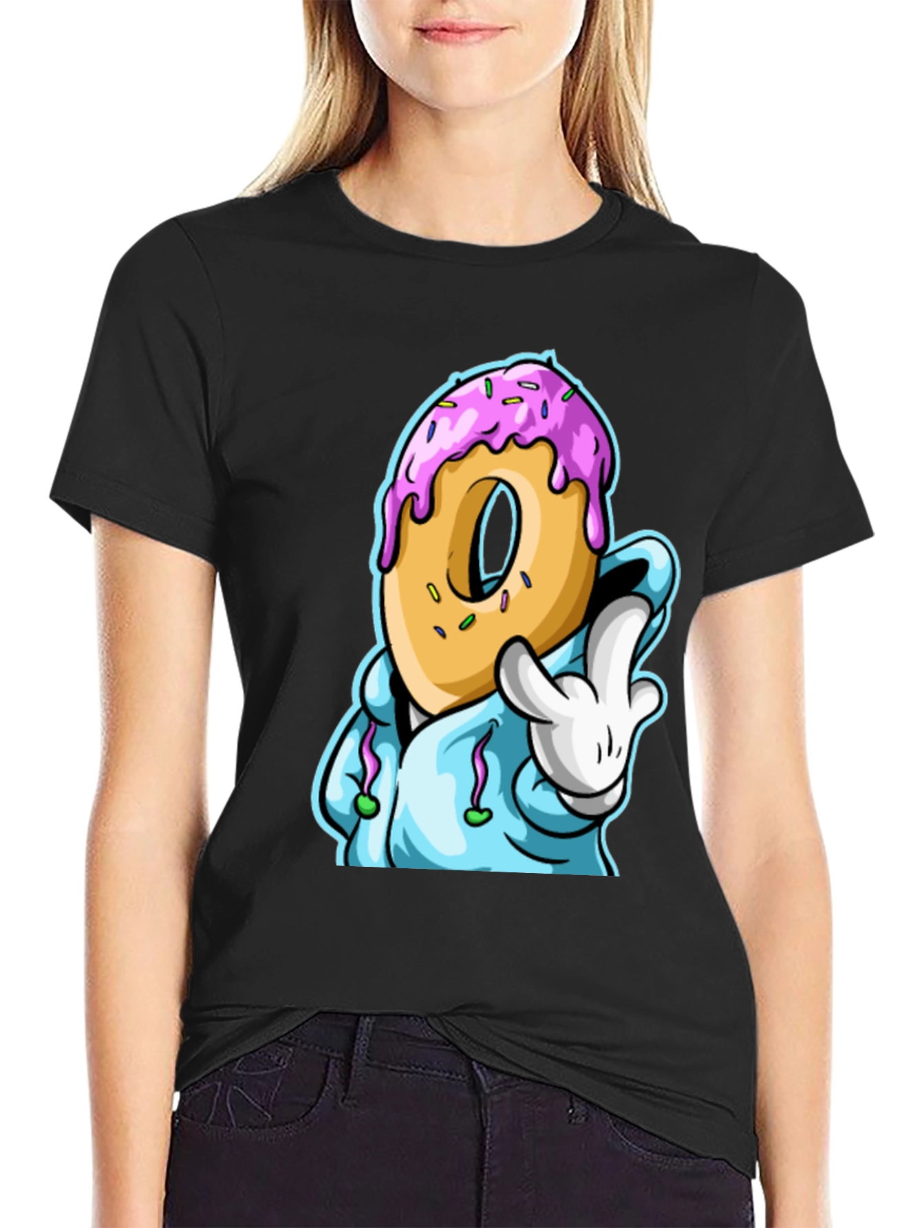 Black Donut Cartoon Graphic Black T-Shirt view 2