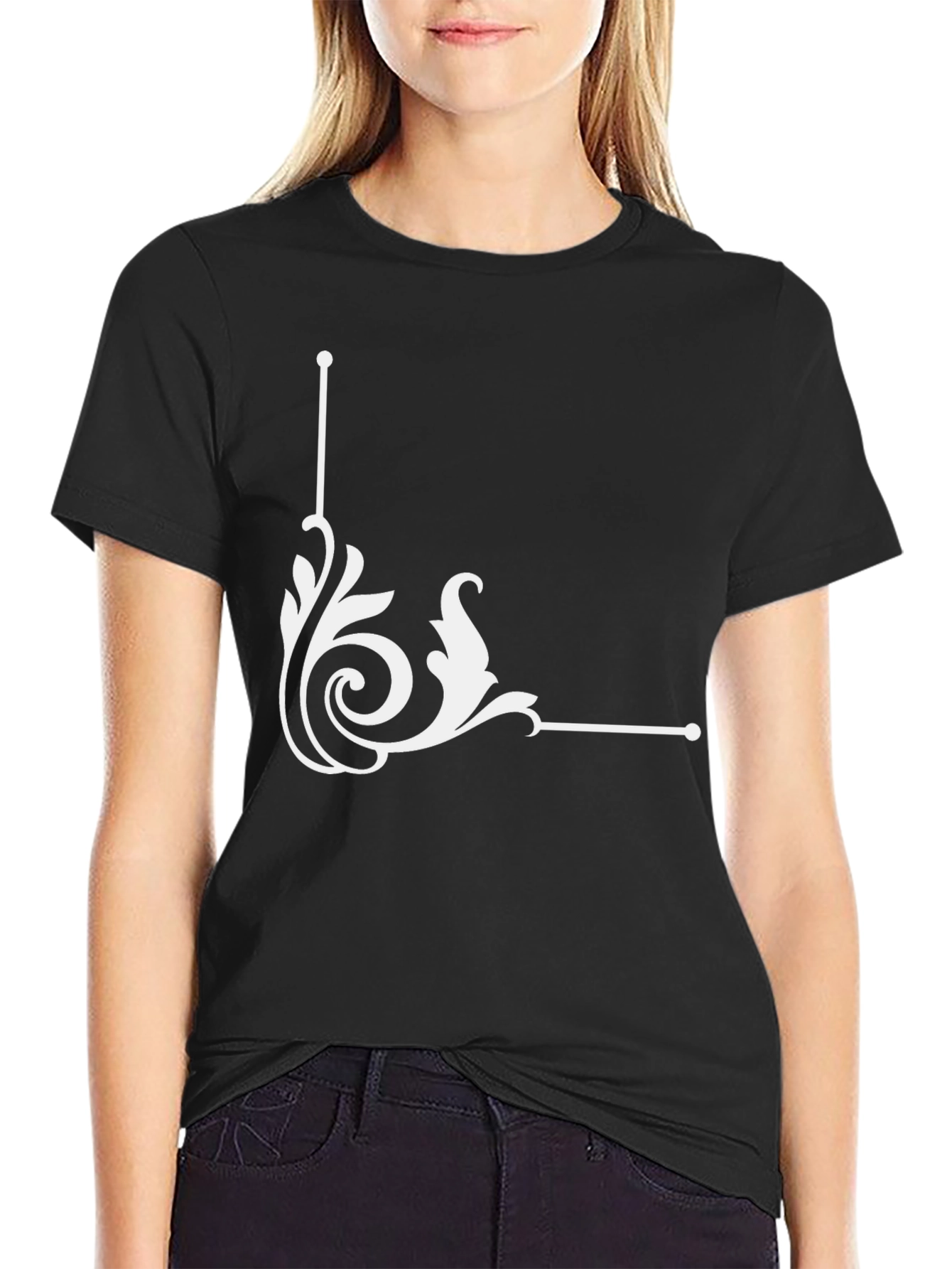Black Elegant Swirl Graphic Black T-Shirt view 2